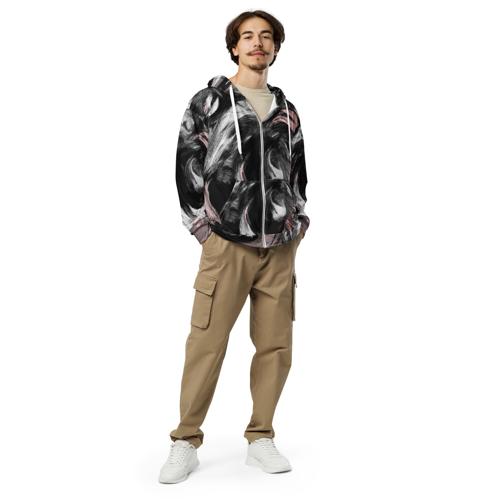 Mens Full Zip Graphic Hoodie featuring a Black, Pink, and White Abstract Pattern, showcasing its soft fabric and stylish design.