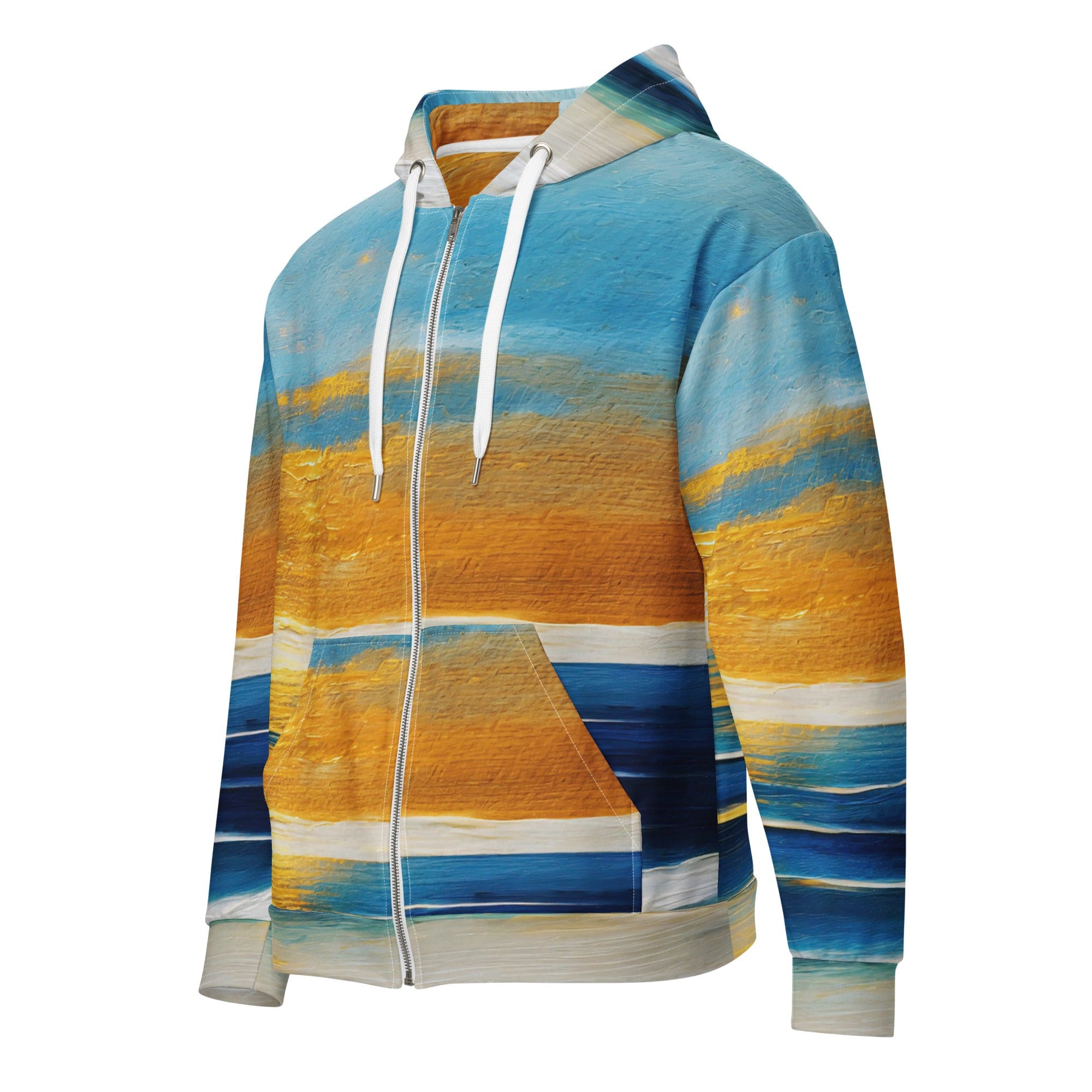 Men's Full Zip Graphic Hoodie featuring a Blue Ocean Golden Sunset Print, showcasing a relaxed fit and double-lined hood.