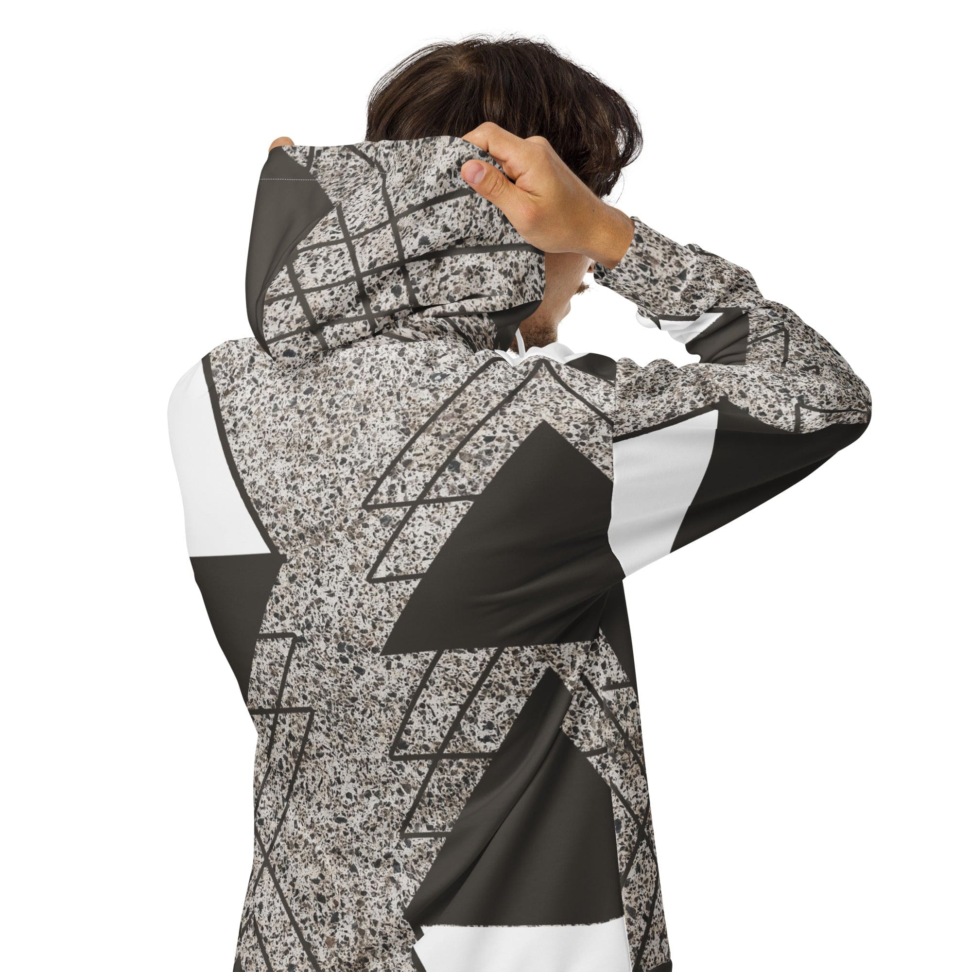 Mens Full Zip Graphic Hoodie featuring a brown and white triangular colorblock design, showcasing its soft fabric and relaxed fit.