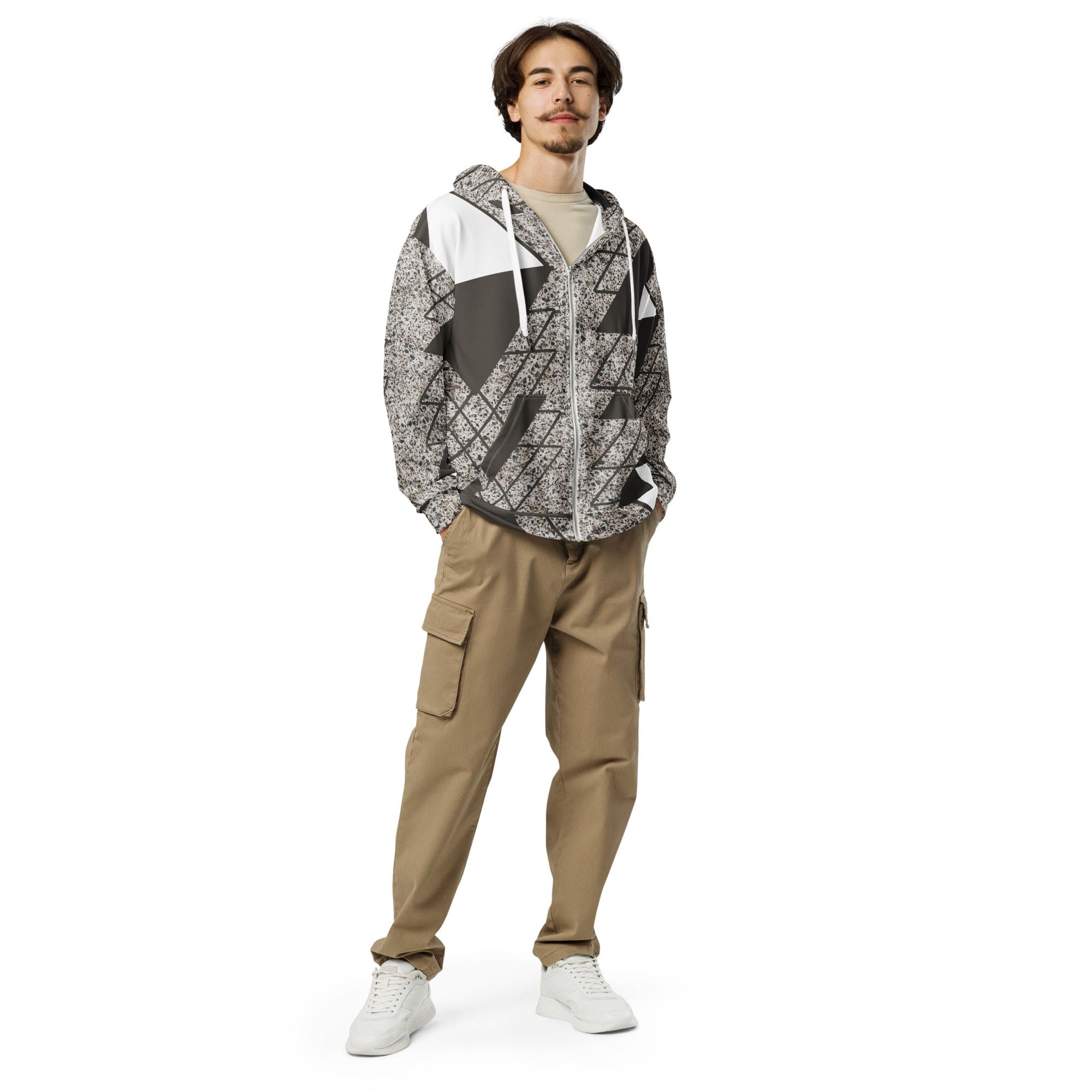 Mens Full Zip Graphic Hoodie featuring a brown and white triangular colorblock design, showcasing its soft fabric and relaxed fit.