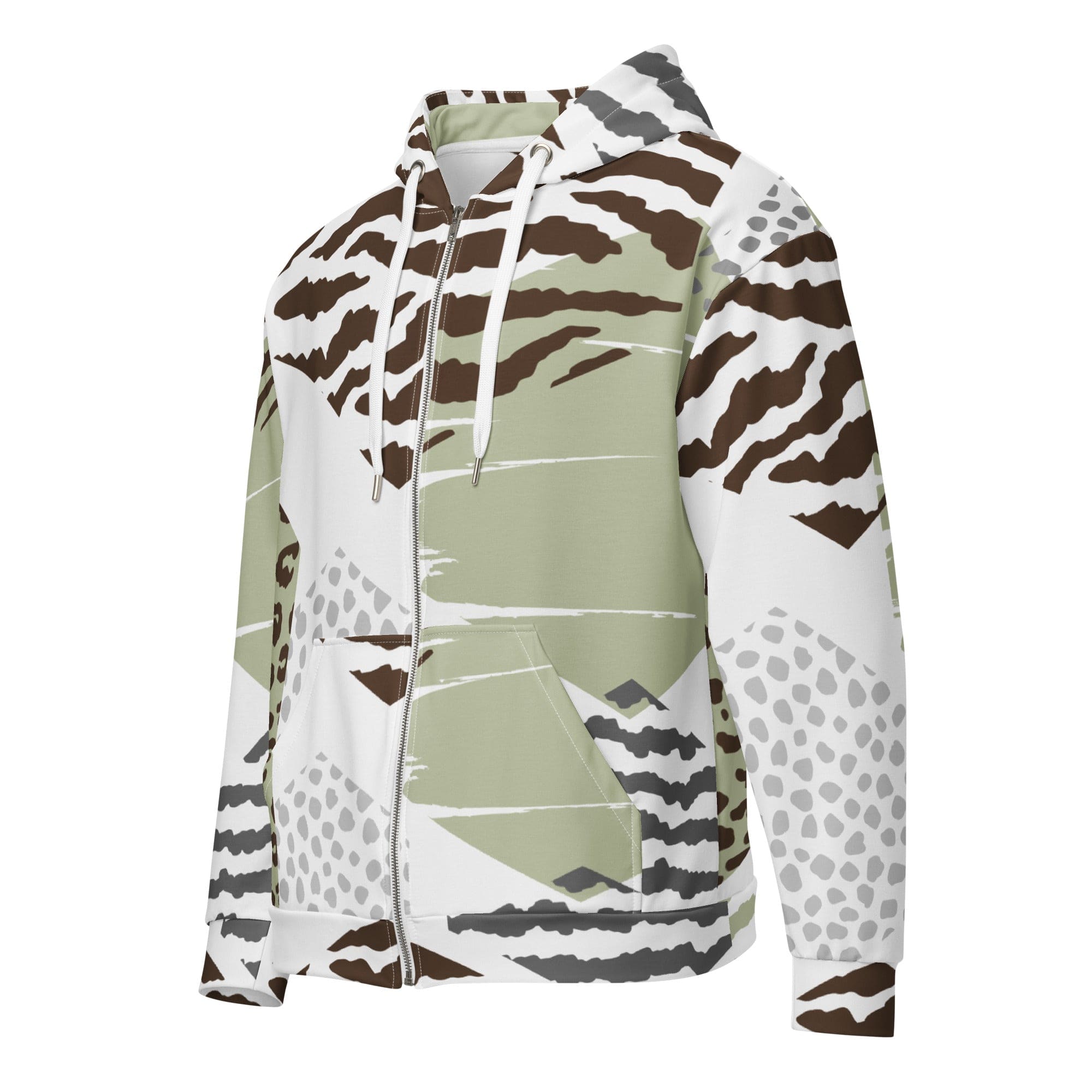 Mens Full Zip Graphic Hoodie featuring a brown, green, and grey geometric hexagon print, showcasing its soft fabric and relaxed fit.