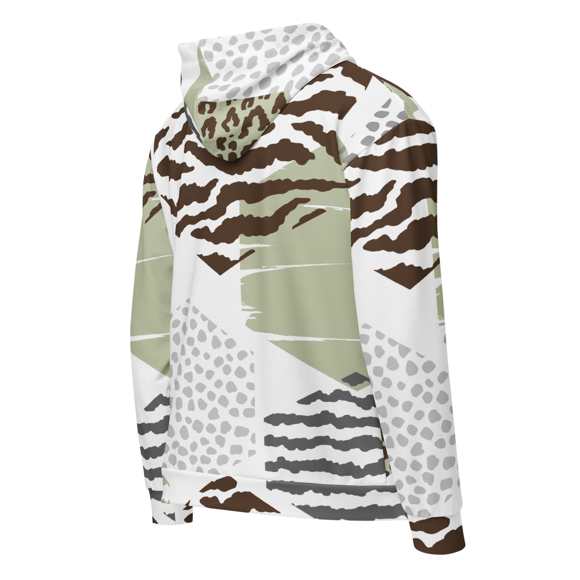 Mens Full Zip Graphic Hoodie featuring a brown, green, and grey geometric hexagon print, showcasing its soft fabric and relaxed fit.