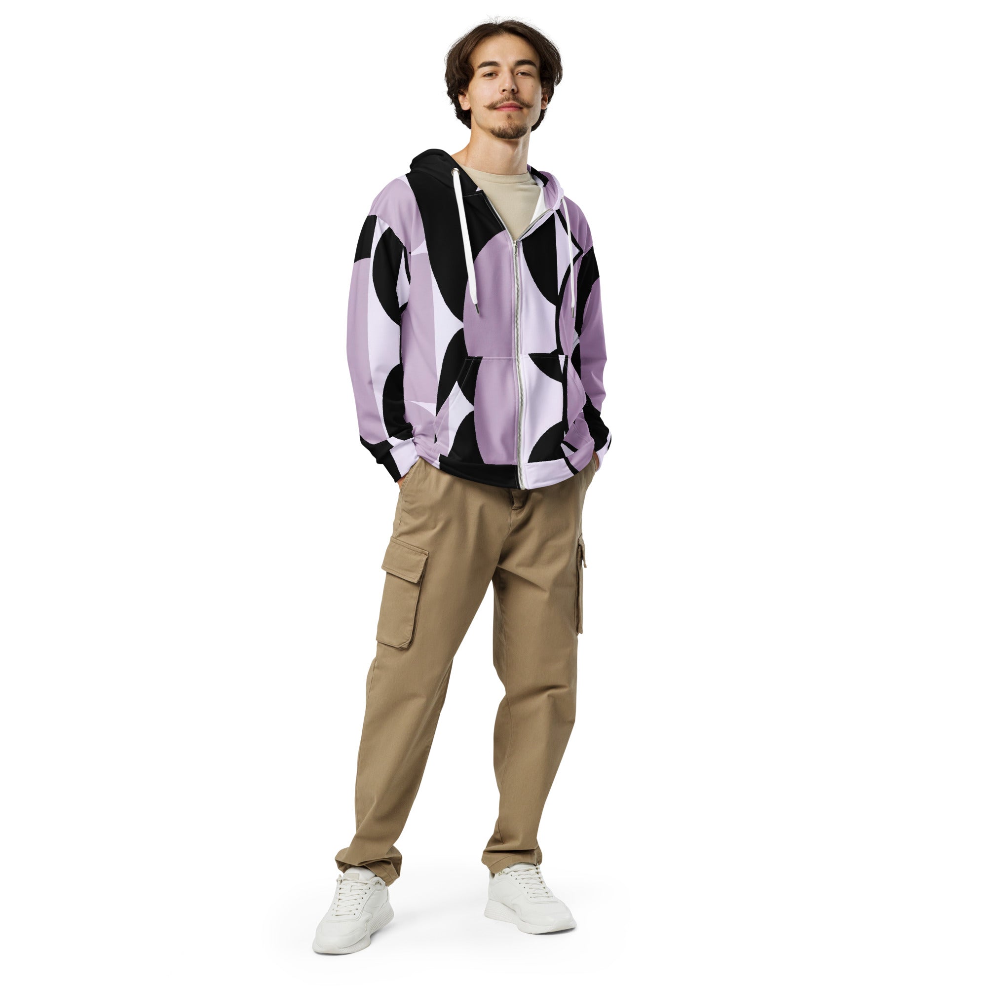 Mens Full Zip Graphic Hoodie featuring a geometric lavender and black pattern, showcasing a relaxed fit and double-lined hood.