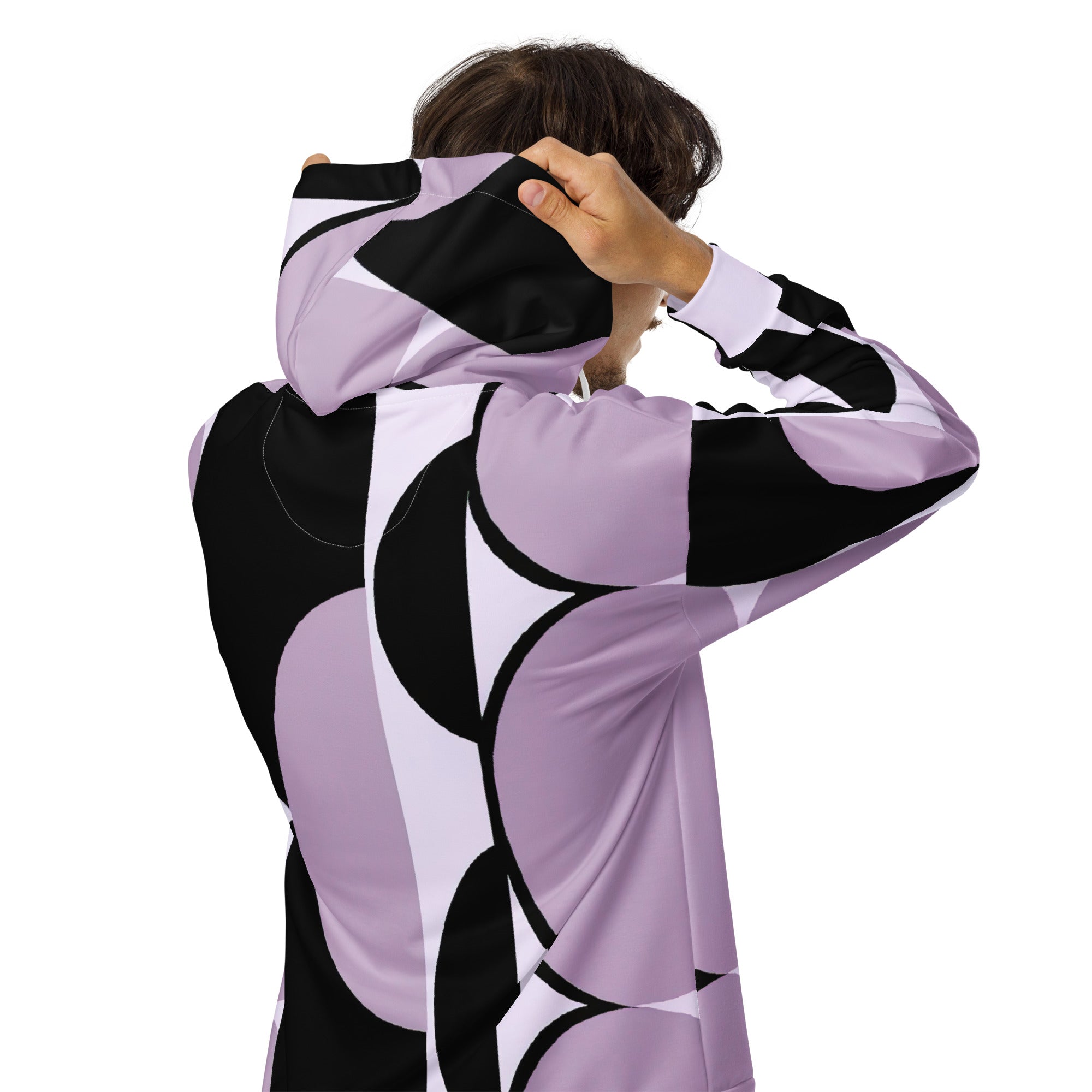 Mens Full Zip Graphic Hoodie featuring a geometric lavender and black pattern, showcasing a relaxed fit and double-lined hood.