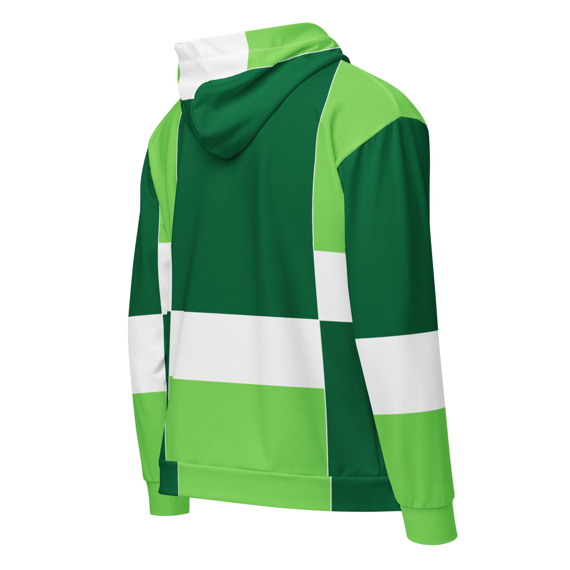 Men's Full Zip Graphic Hoodie in Green White Colorblock with a soft fabric and stylish design, featuring a double-lined hood and metal zipper details.