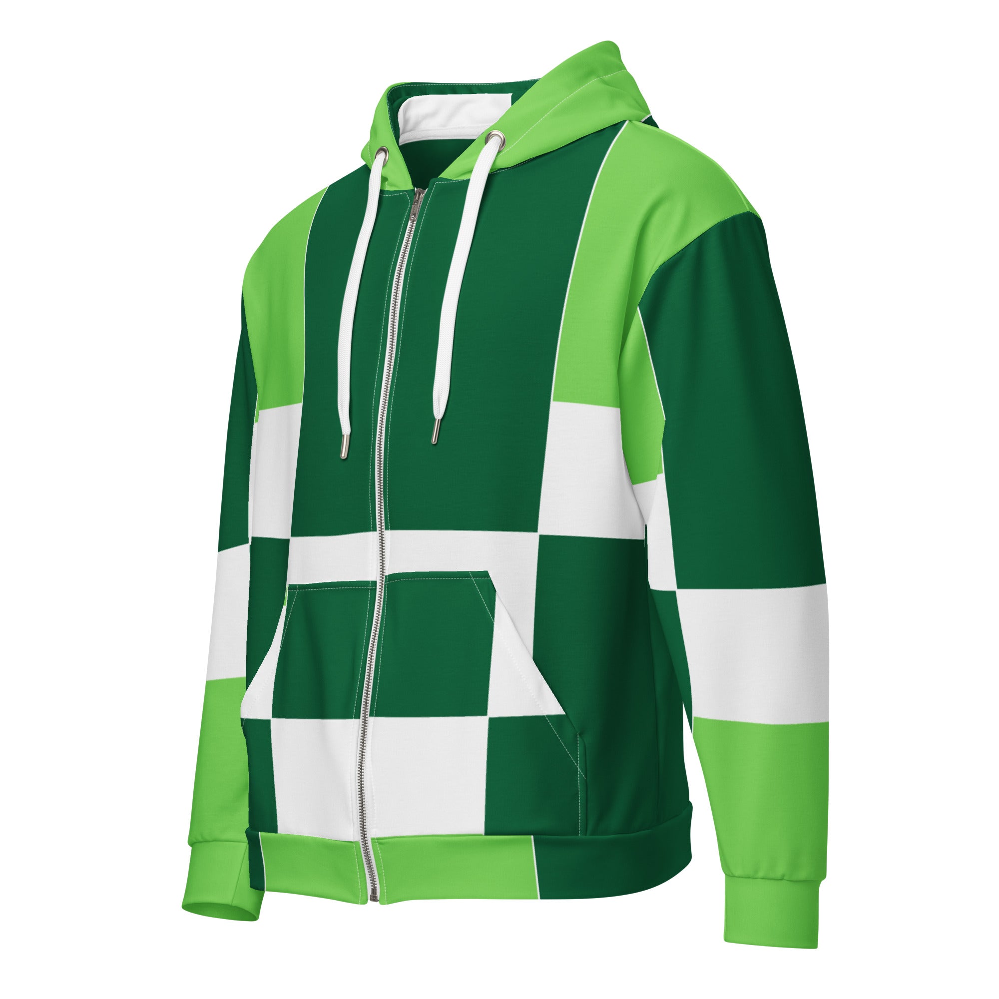 Men's Full Zip Graphic Hoodie in Green White Colorblock with a soft fabric and stylish design, featuring a double-lined hood and metal zipper details.