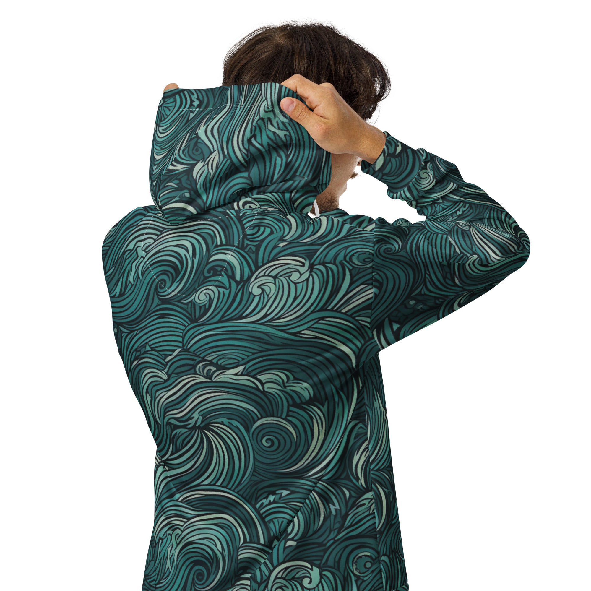 Mens Full Zip Graphic Hoodie in Mint Green featuring a Water Wave Print, showcasing a relaxed fit and double-lined hood.