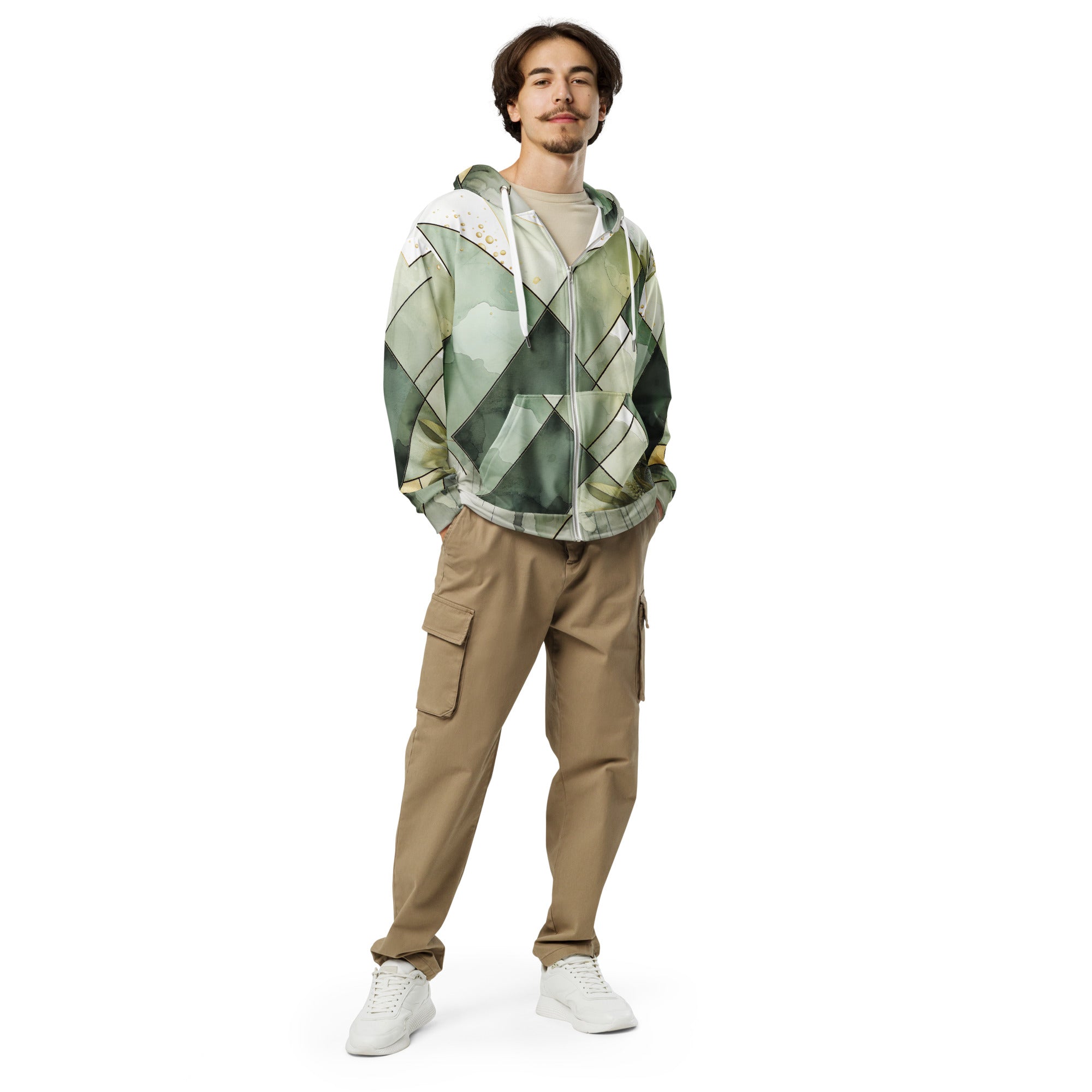 Mens Full Zip Graphic Hoodie in Olive Green with Mint Leaf Geometric Print, showcasing its soft fabric and stylish design.