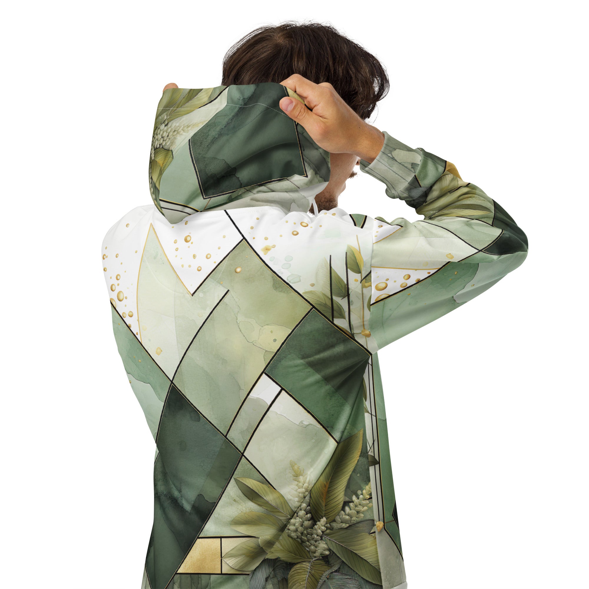 Mens Full Zip Graphic Hoodie in Olive Green with Mint Leaf Geometric Print, showcasing its soft fabric and stylish design.