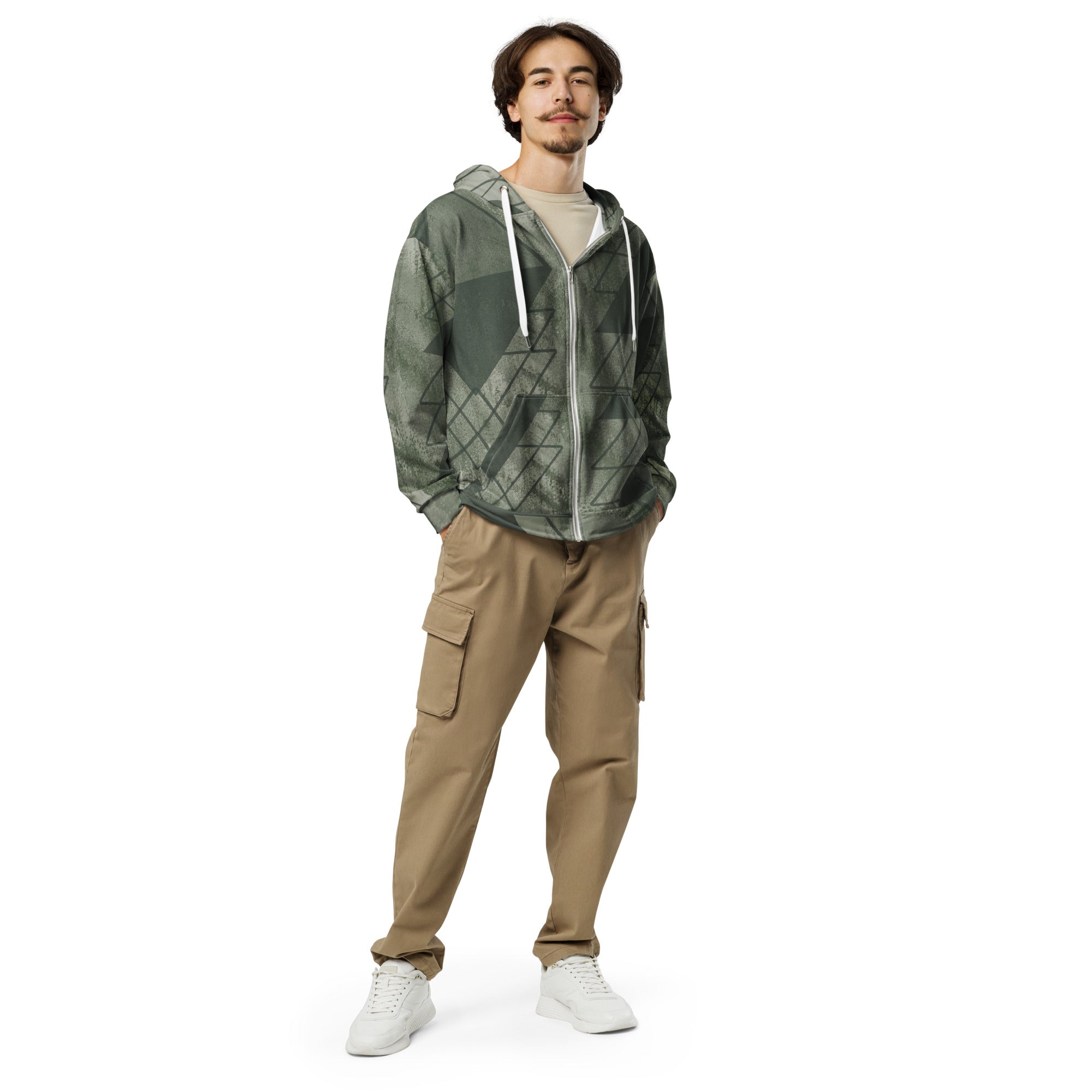Mens Full Zip Graphic Hoodie in Olive Green with triangular colorblock design, featuring a double-lined hood and premium metal details.