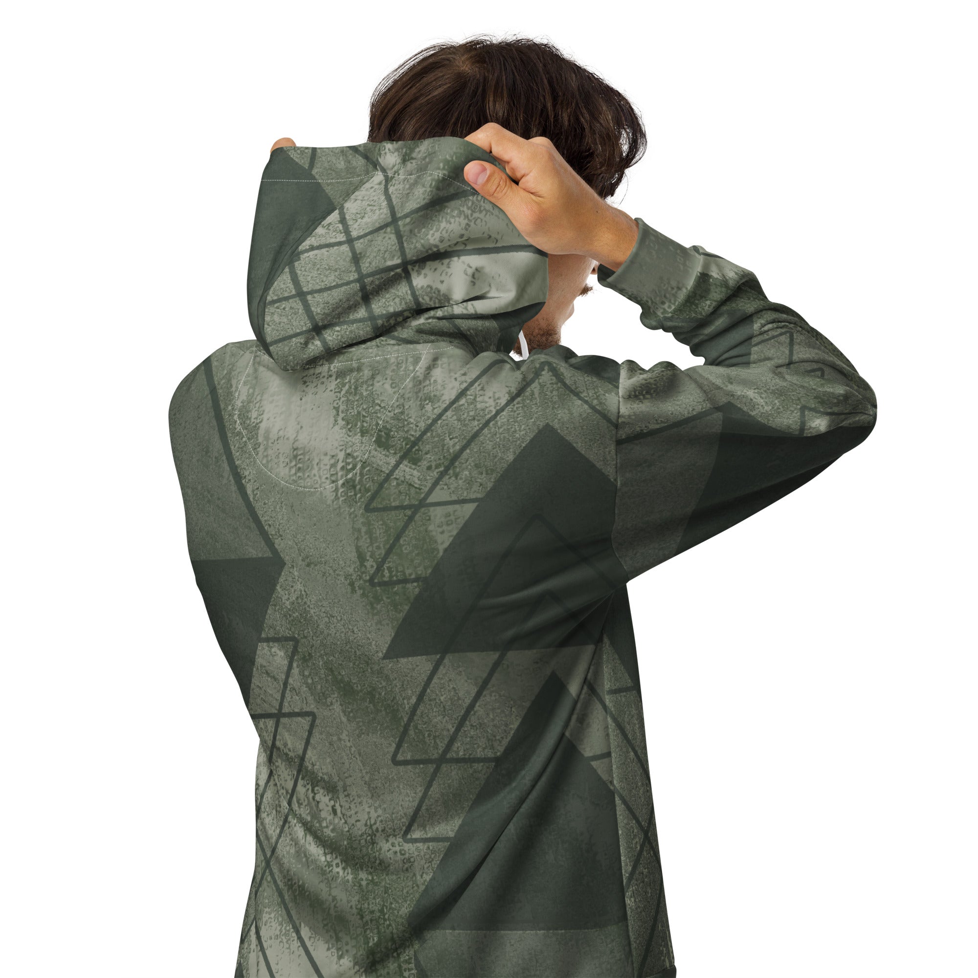 Mens Full Zip Graphic Hoodie in Olive Green with triangular colorblock design, featuring a double-lined hood and premium metal details.