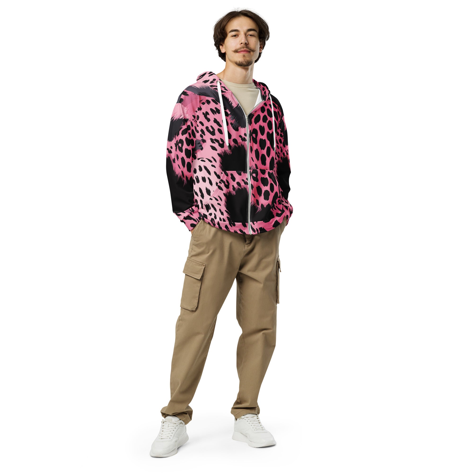 Mens Full Zip Graphic Hoodie featuring a pink and black spotted print, showcasing a relaxed fit and double-lined hood.