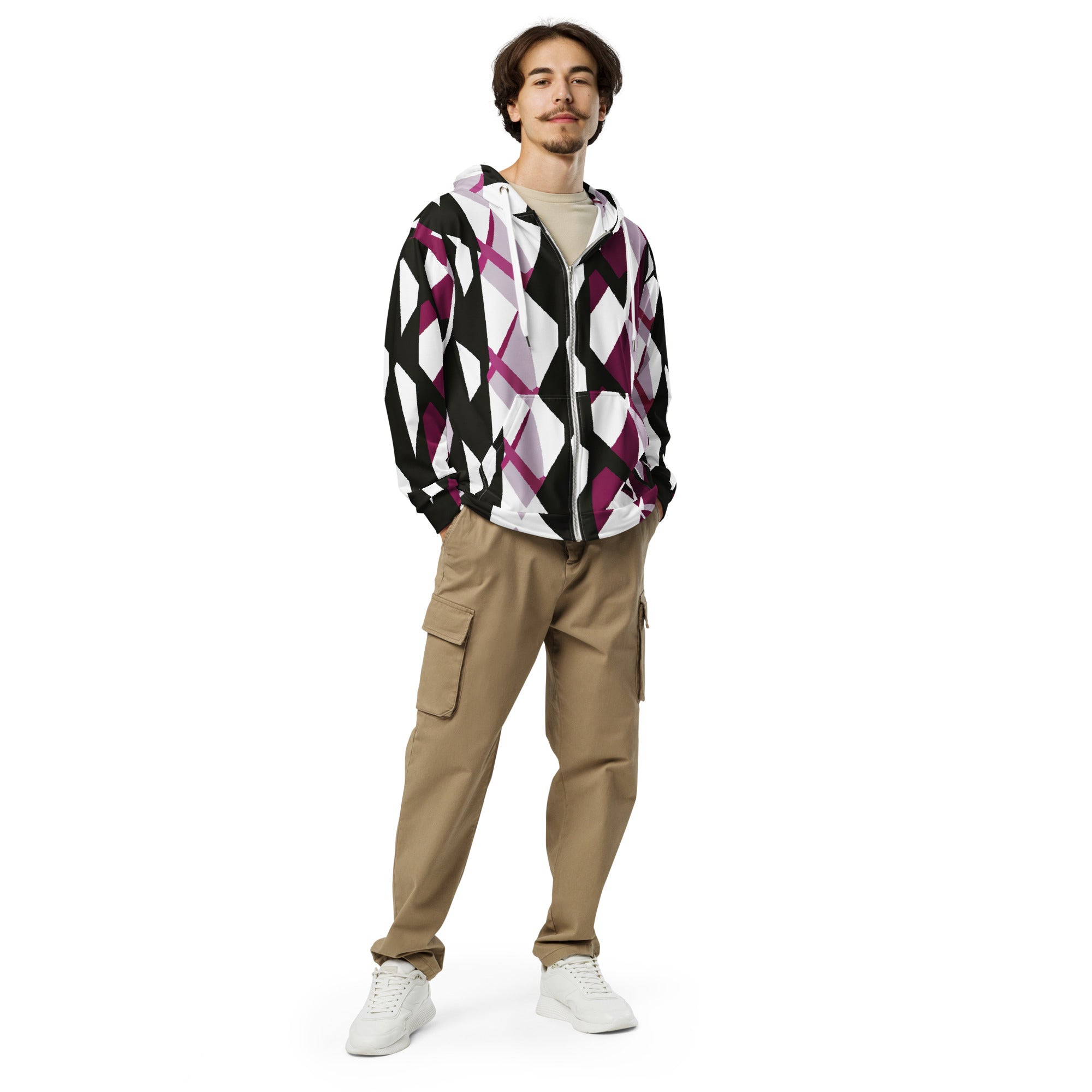 Mens Full Zip Graphic Hoodie in Pink Mauve Pattern, featuring a soft exterior and brushed fleece interior, designed for comfort and style.