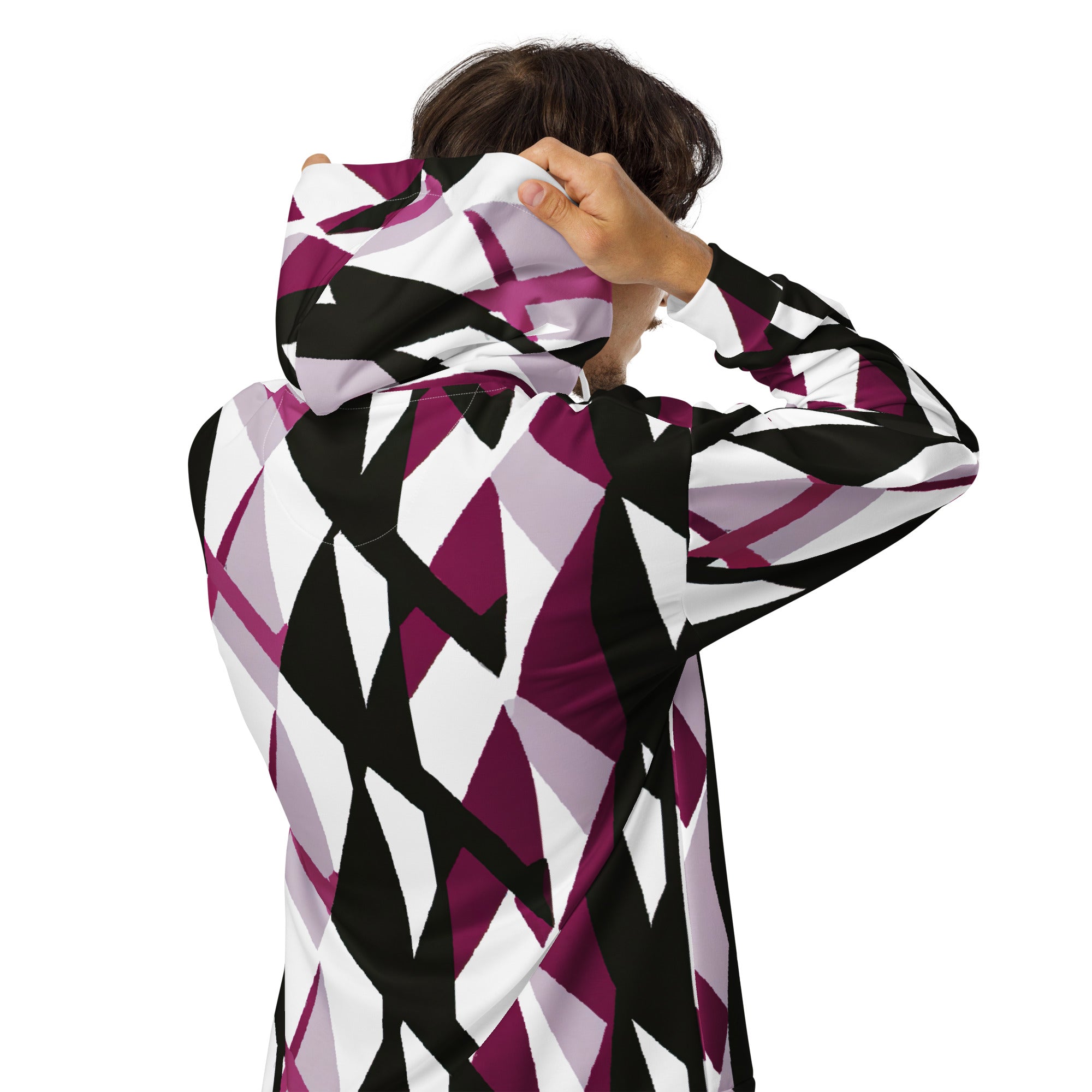 Mens Full Zip Graphic Hoodie in Pink Mauve Pattern, featuring a soft exterior and brushed fleece interior, designed for comfort and style.