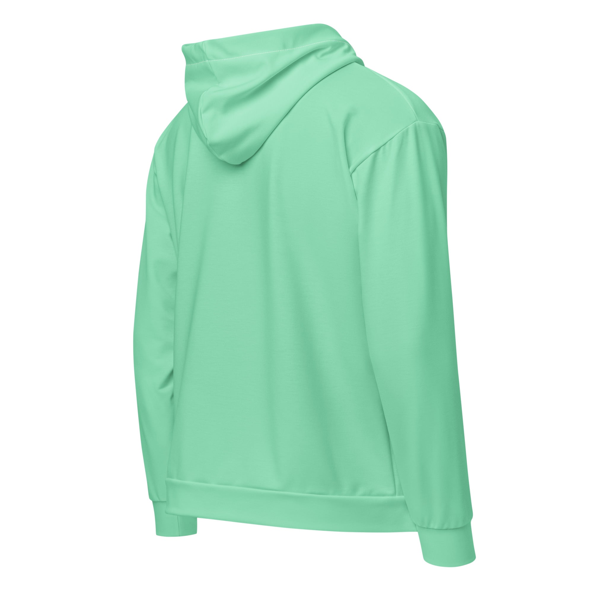 Men's Full Zip Graphic Hoodie in Seafoam Green, featuring a relaxed fit, double-lined hood, and stylish design.