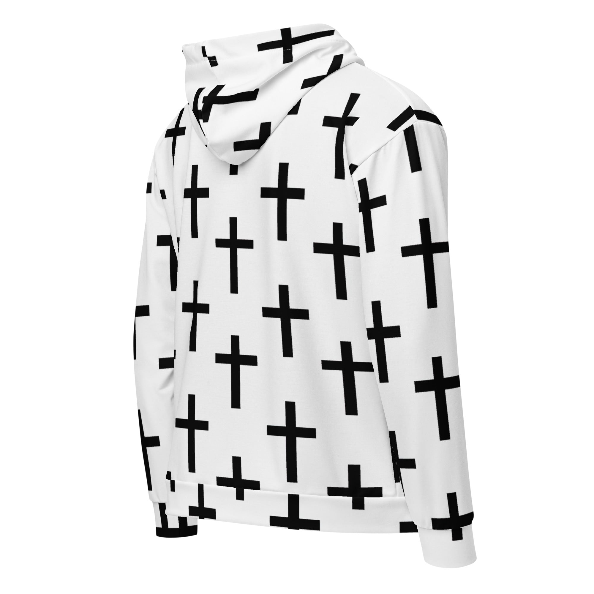 Mens Full Zip Graphic Hoodie featuring a white and black cross print, showcasing its soft fabric and relaxed fit design.