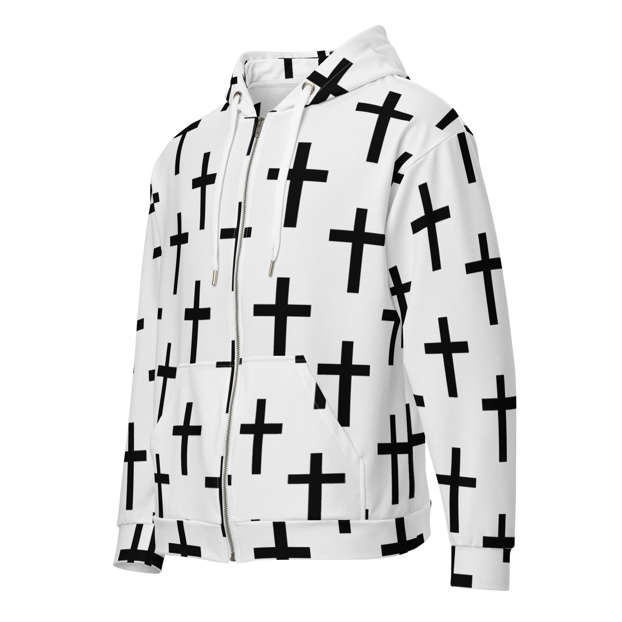 Mens Full Zip Graphic Hoodie featuring a white and black cross print, showcasing its soft fabric and relaxed fit design.