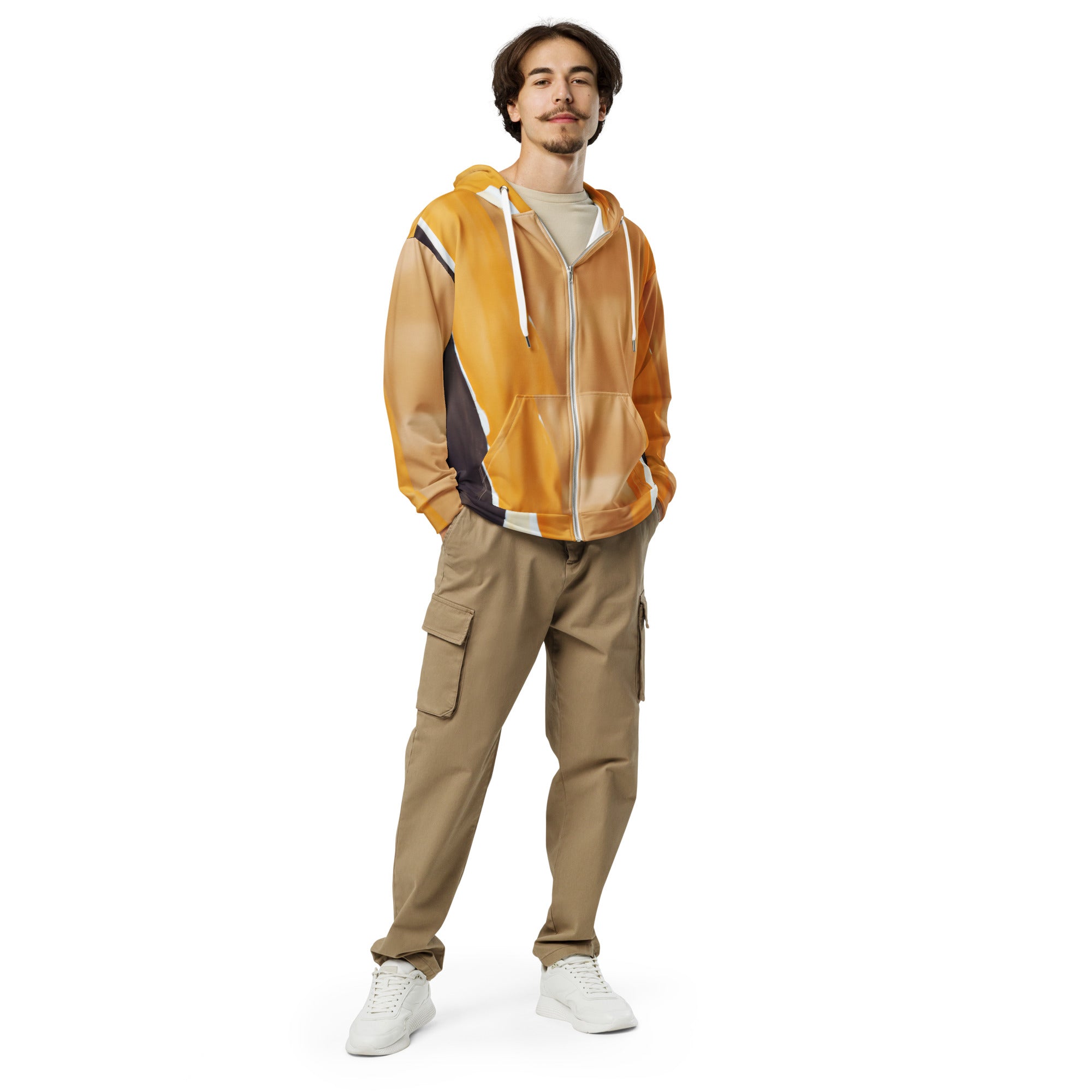 Mens Full Zip Graphic Hoodie featuring a yellow brown abstract pattern, showcasing a relaxed fit and double-lined hood.