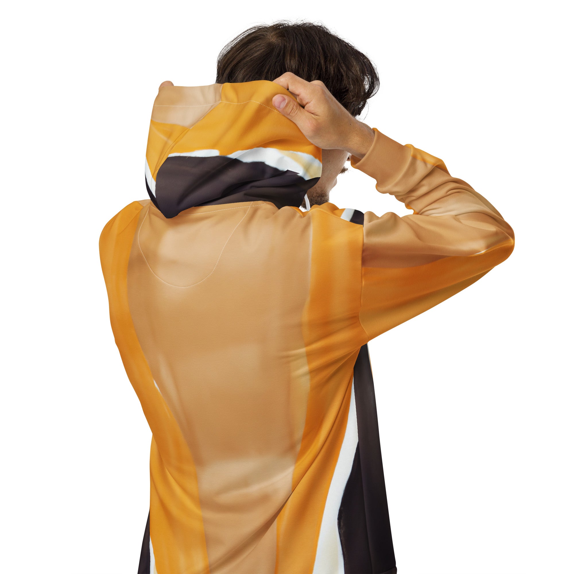 Mens Full Zip Graphic Hoodie featuring a yellow brown abstract pattern, showcasing a relaxed fit and double-lined hood.