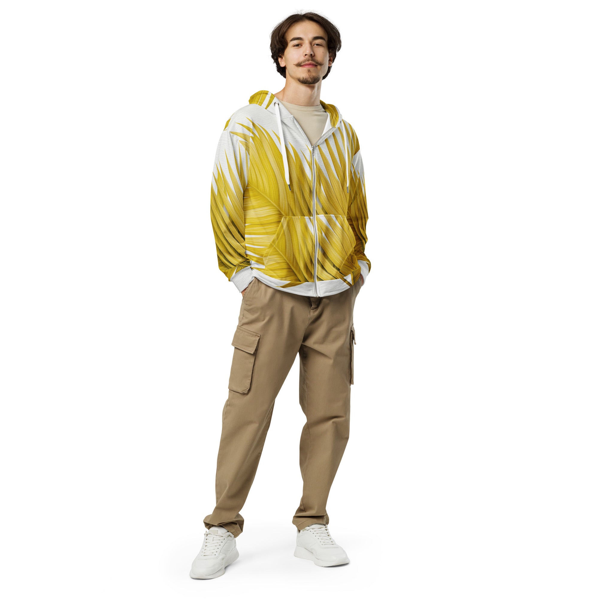 Mens Full Zip Graphic Hoodie featuring Yellow Palm Leaves design, showcasing a relaxed fit and double-lined hood.