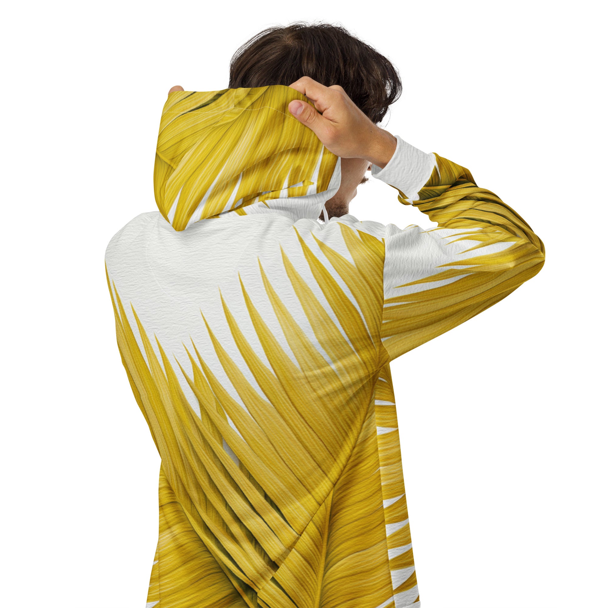 Mens Full Zip Graphic Hoodie featuring Yellow Palm Leaves design, showcasing a relaxed fit and double-lined hood.