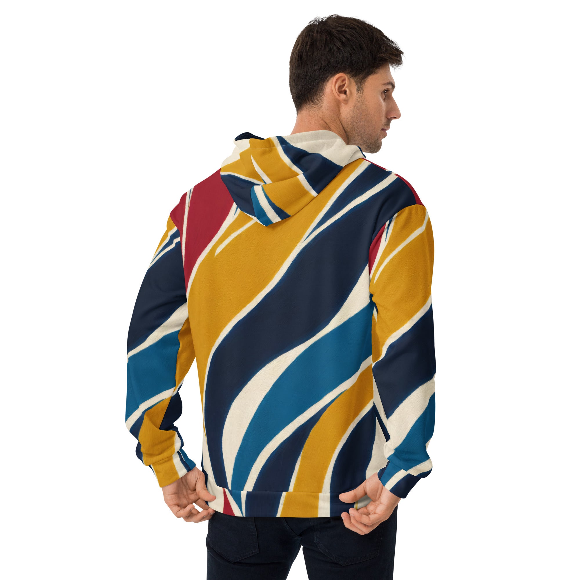 Mens Graphic Hoodie featuring an Abstract Multicolor Swirl Line Pattern, showcasing vibrant colors and a stylish design.