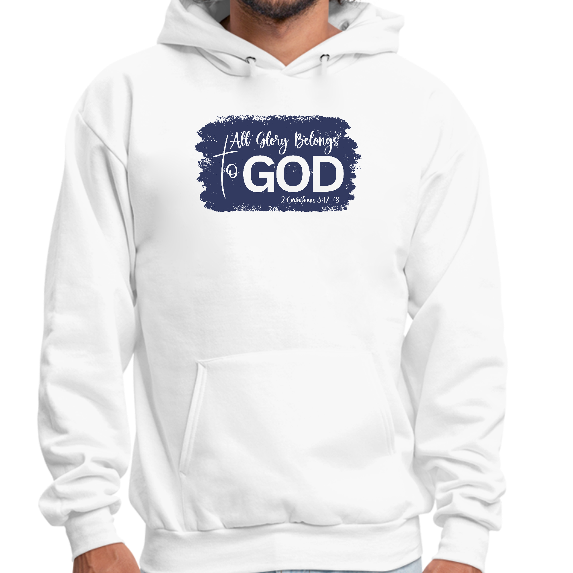 Men's navy graphic hoodie featuring 'All Glory Belongs to God' Christian illustration, showcasing a comfortable and stylish design.
