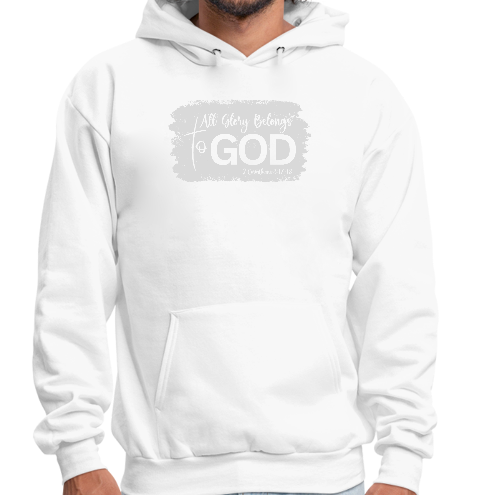 Men's grey graphic hoodie with 'All Glory Belongs to God' Christian illustration, featuring a drawstring neckline and long sleeves.