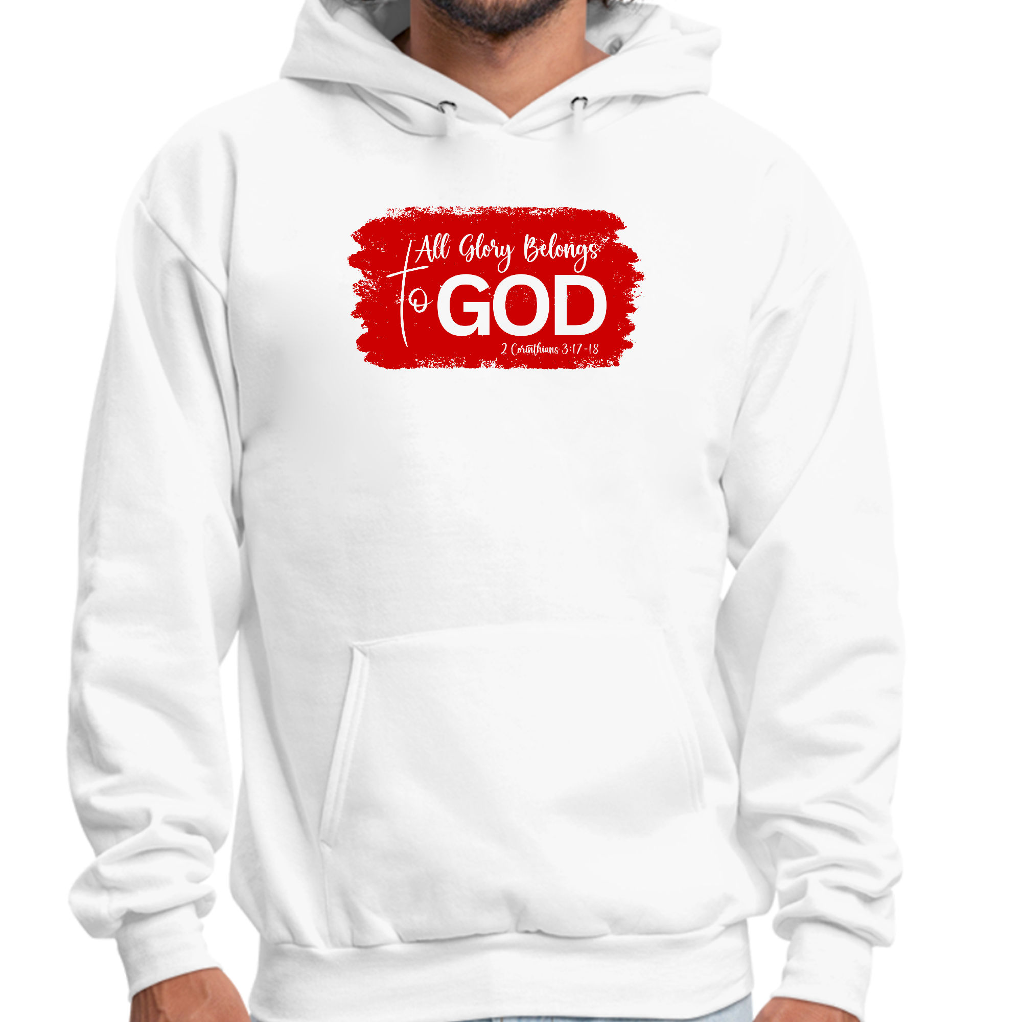 Mens red graphic hoodie featuring 'All Glory Belongs to God' illustration, showcasing a trendy and stylish design.