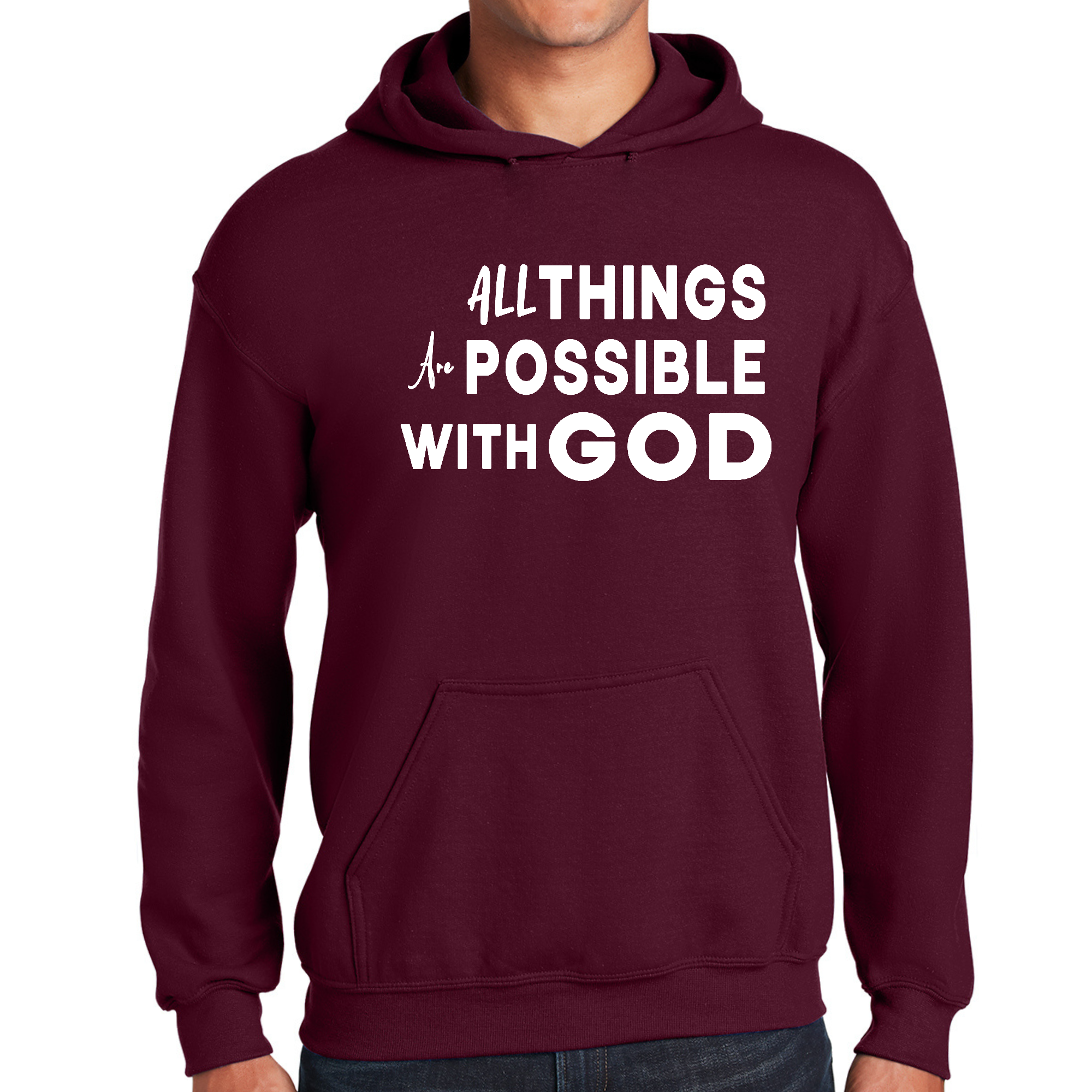 Mens Graphic Hoodie featuring 'All Things are Possible with God' design, showcasing a comfortable fit and drawstring neckline.