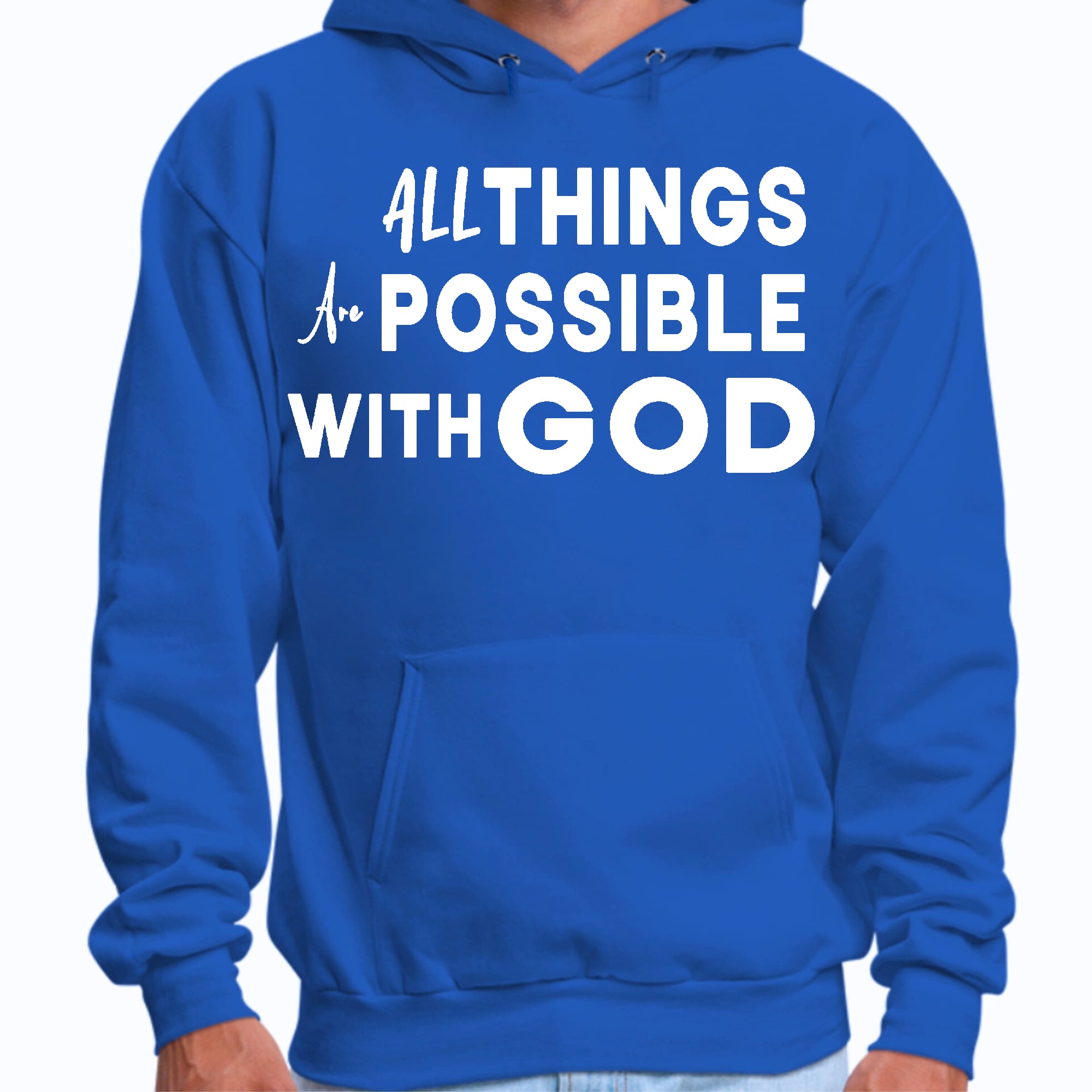 Mens Graphic Hoodie featuring 'All Things are Possible with God' design, showcasing a comfortable fit and drawstring neckline.