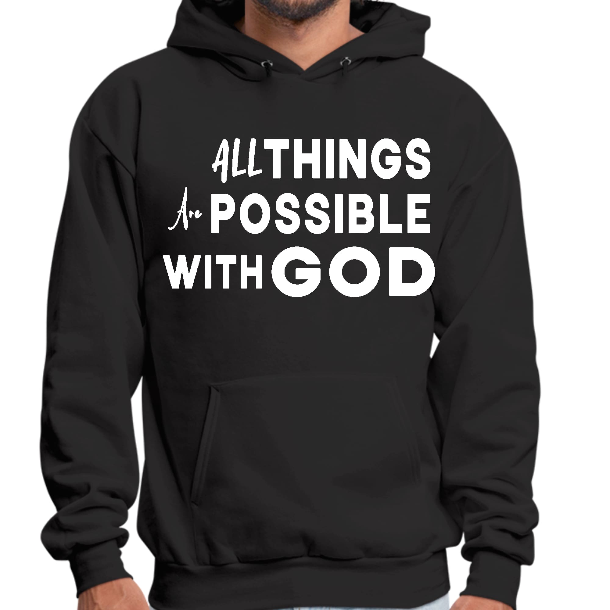 Mens Graphic Hoodie featuring 'All Things are Possible with God' design, showcasing a comfortable fit and drawstring neckline.