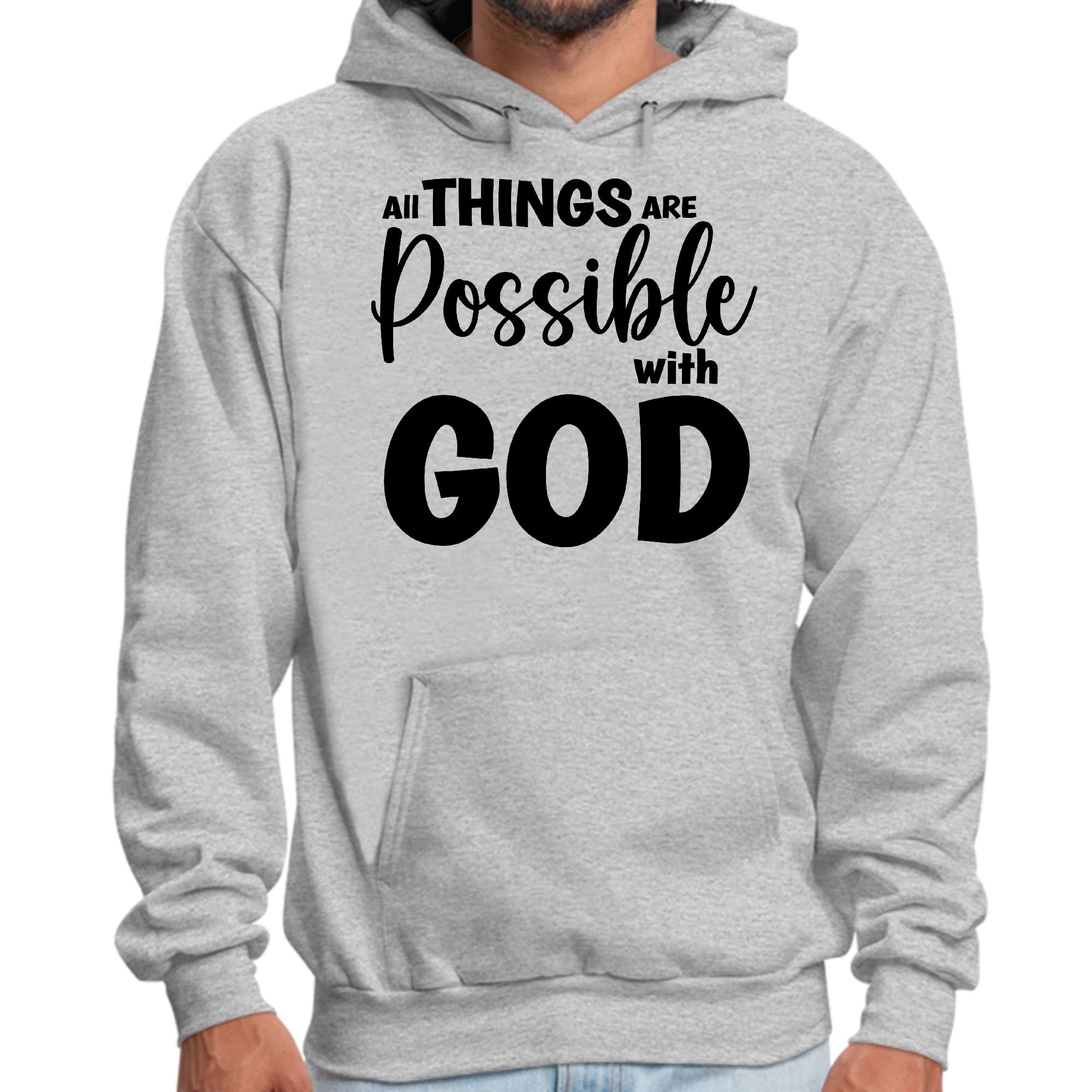 Men's black graphic hoodie featuring 'All Things are Possible with God' design, showcasing a comfortable fit and drawstring neckline.