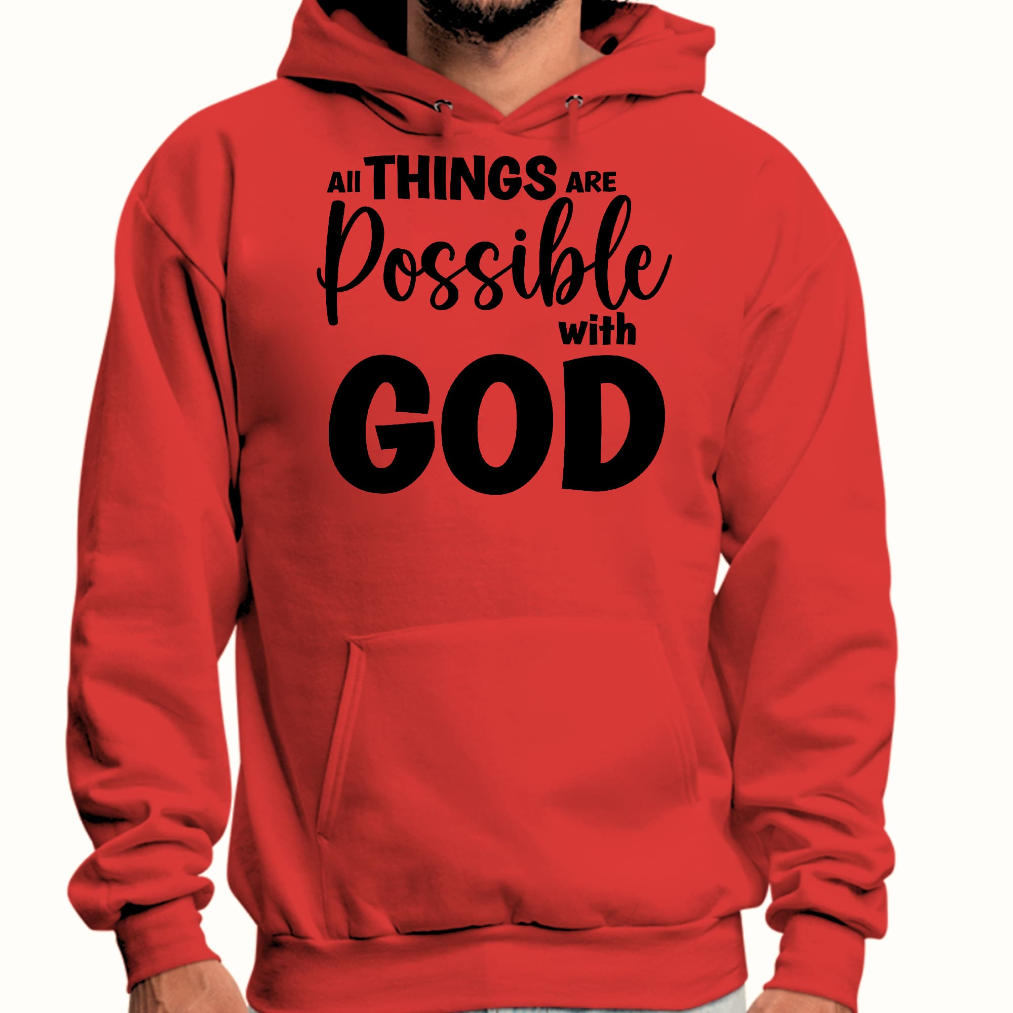 Men's black graphic hoodie featuring 'All Things are Possible with God' design, showcasing a comfortable fit and drawstring neckline.