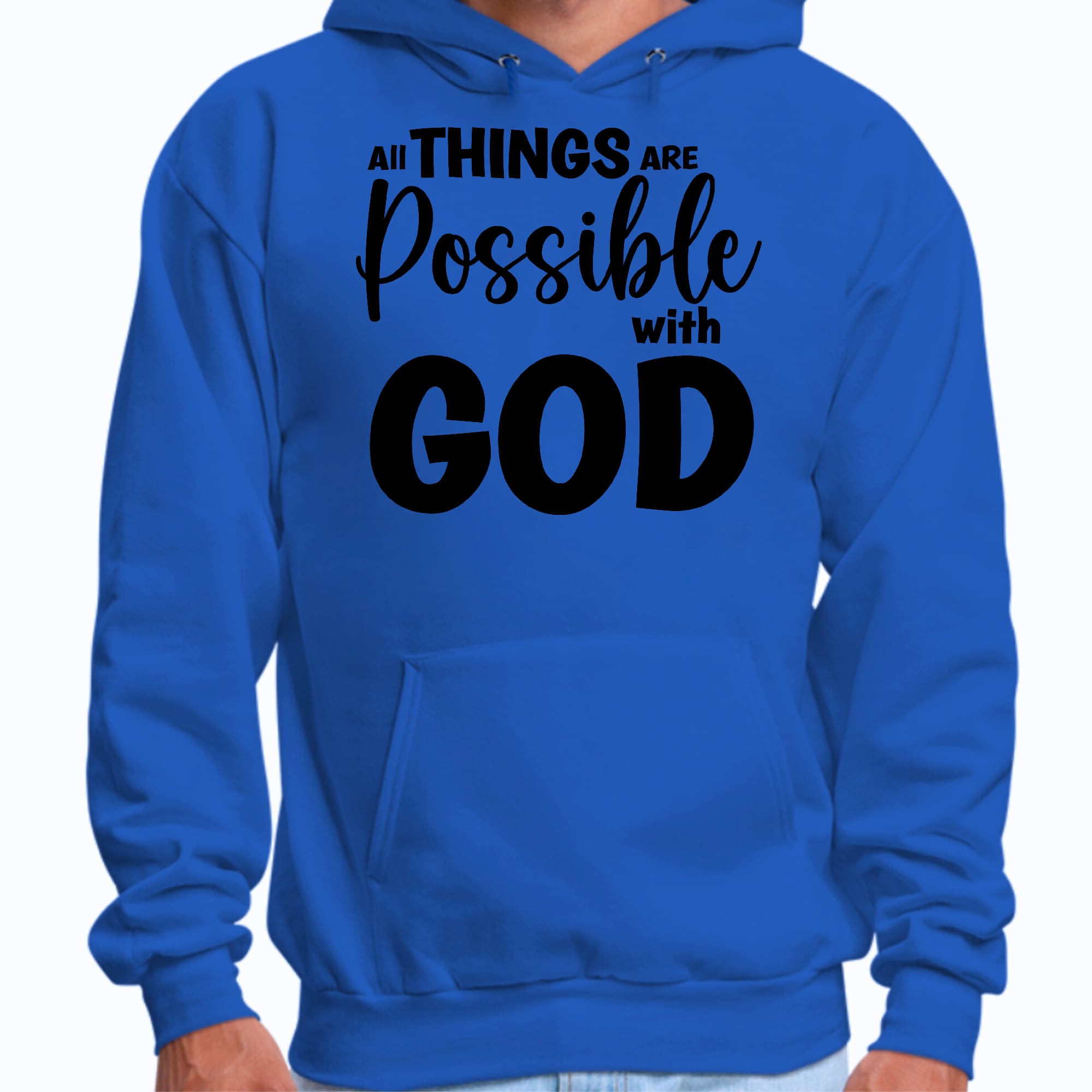 Men's black graphic hoodie featuring 'All Things are Possible with God' design, showcasing a comfortable fit and drawstring neckline.