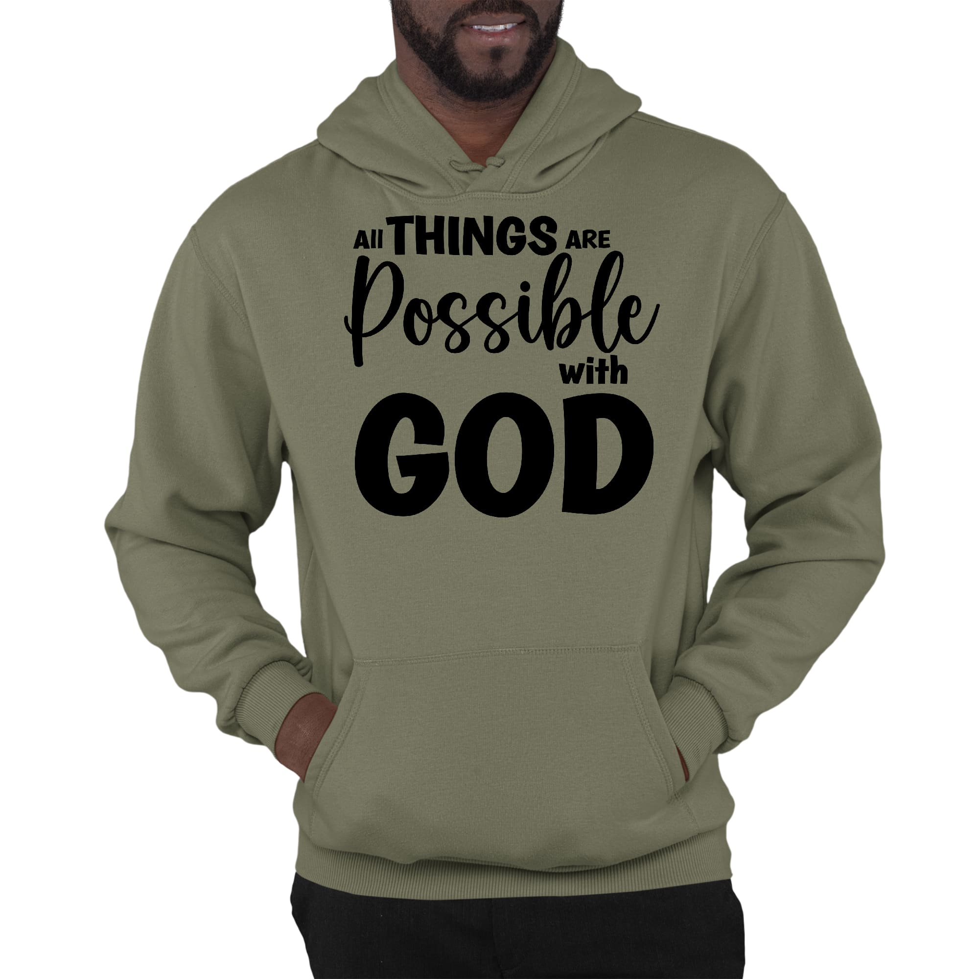 Men's black graphic hoodie featuring 'All Things are Possible with God' design, showcasing a comfortable fit and drawstring neckline.