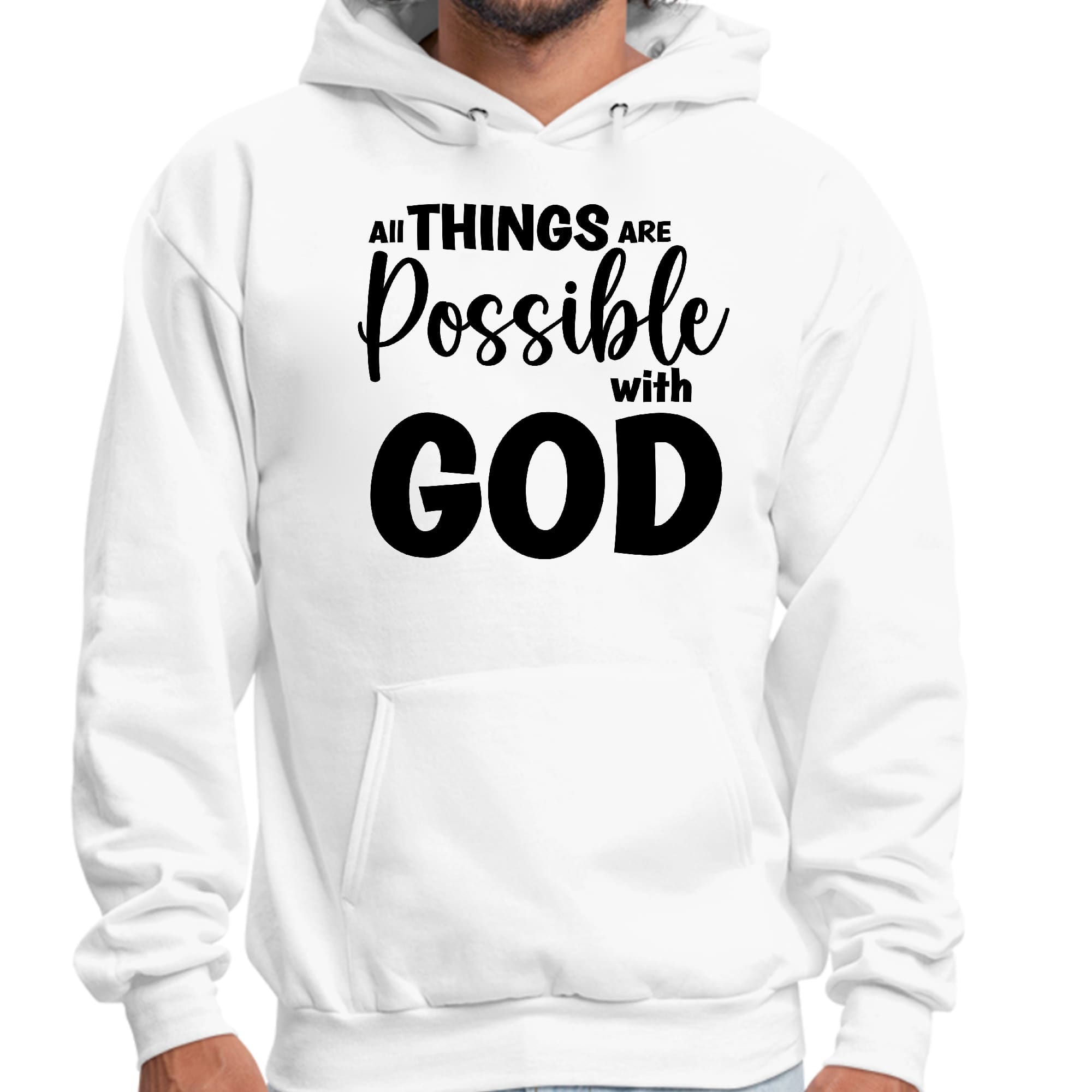 Men's black graphic hoodie featuring 'All Things are Possible with God' design, showcasing a comfortable fit and drawstring neckline.
