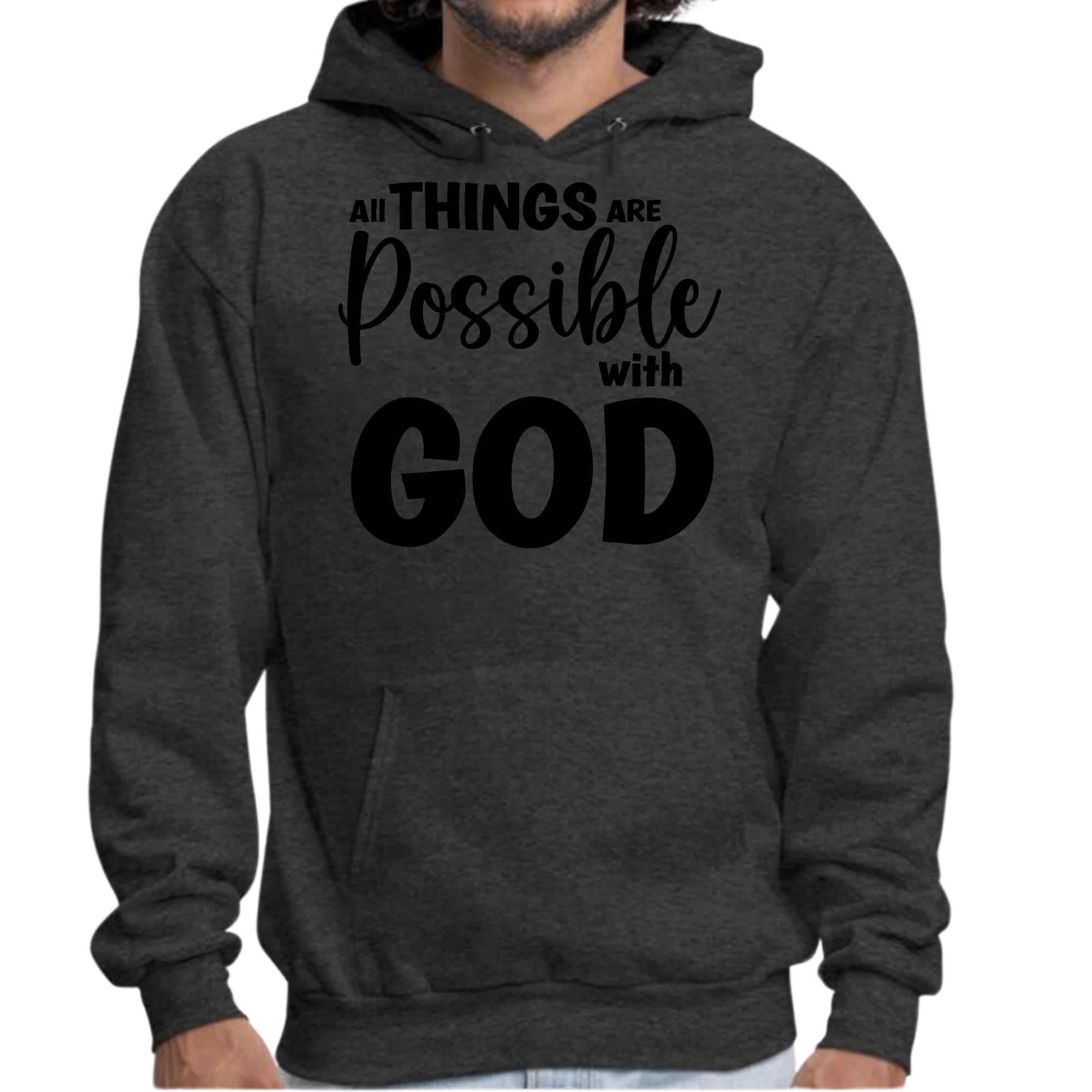 Men's black graphic hoodie featuring 'All Things are Possible with God' design, showcasing a comfortable fit and drawstring neckline.