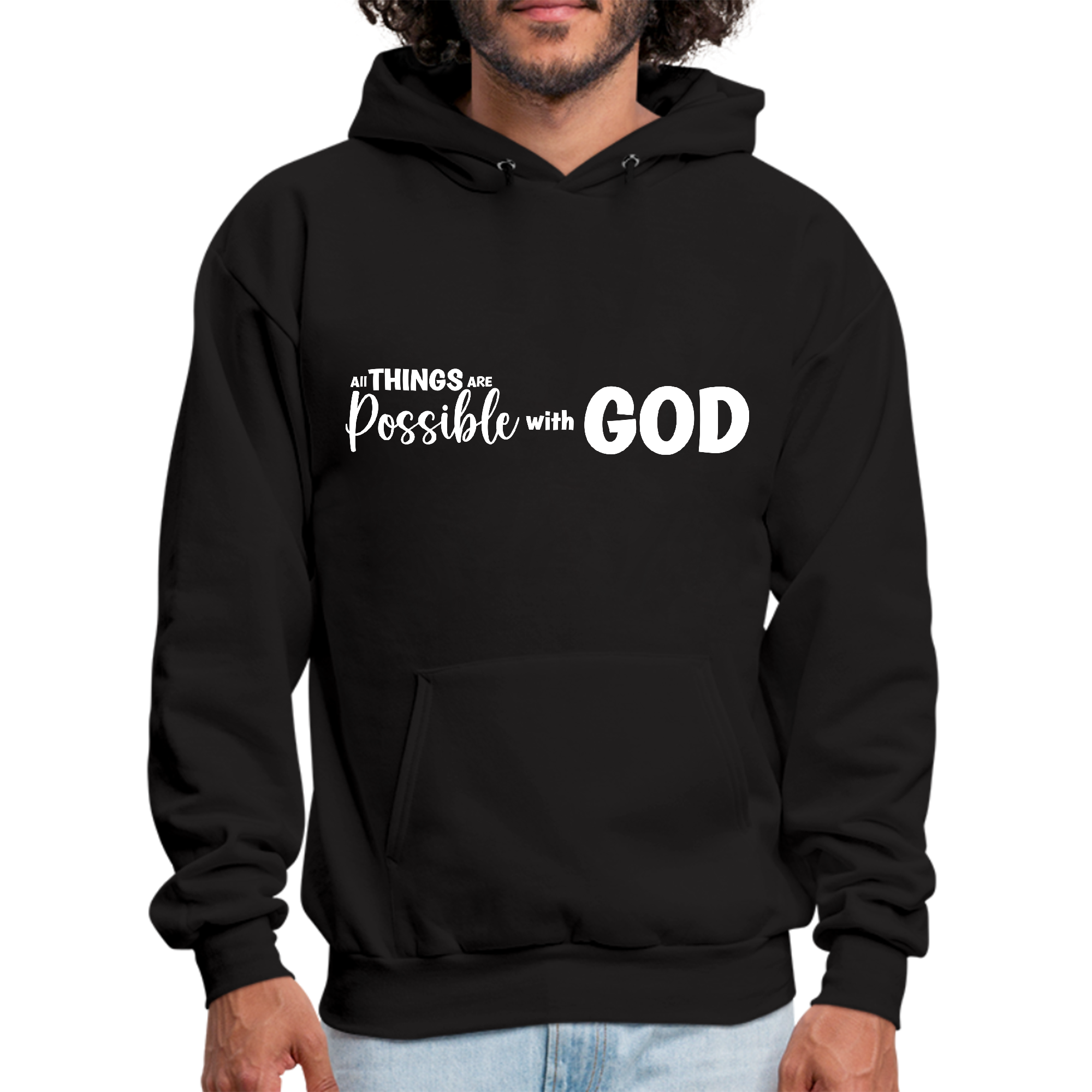 Men's Graphic Hoodie featuring 'All Things Are Possible with God' design, showcasing a comfortable fit and soft fabric.