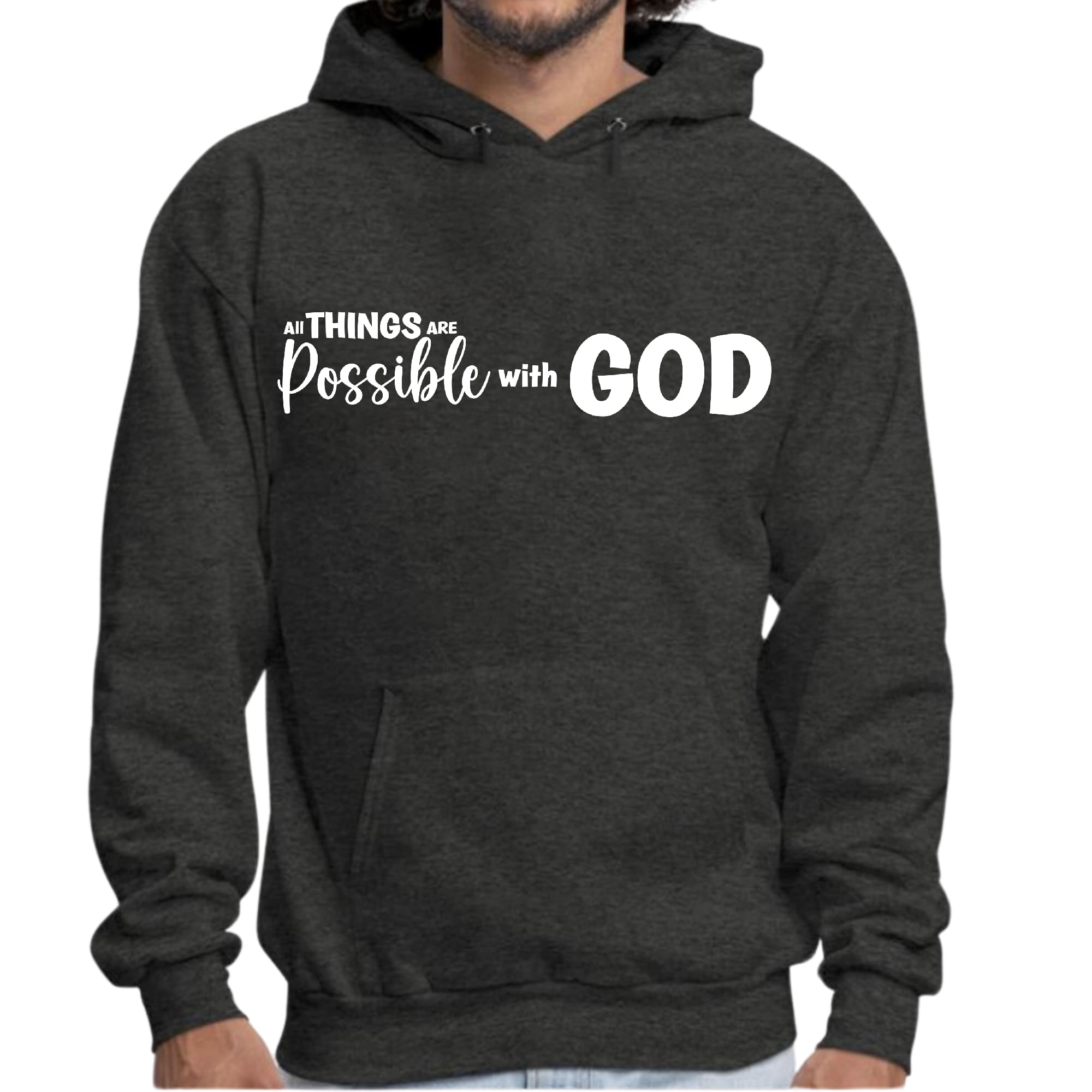Men's Graphic Hoodie featuring 'All Things Are Possible with God' design, showcasing a comfortable fit and soft fabric.