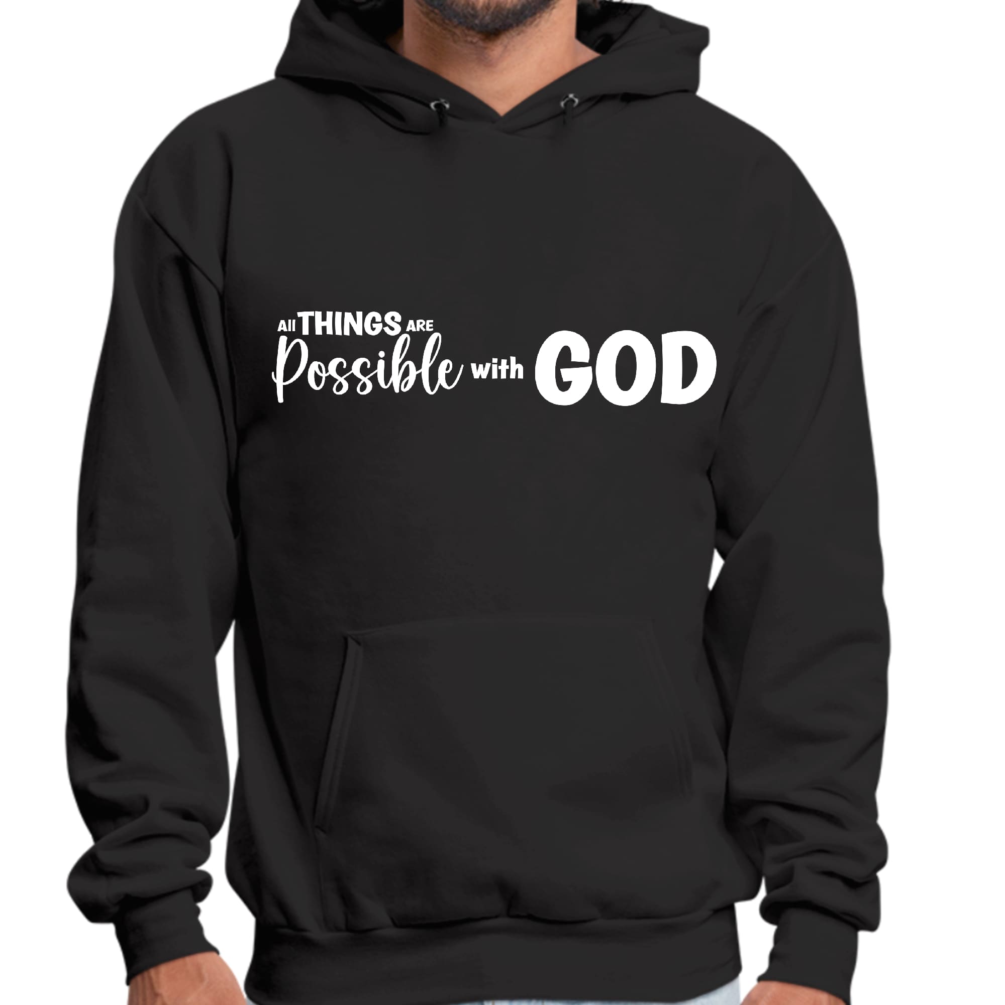Men's Graphic Hoodie featuring 'All Things Are Possible with God' design, showcasing a comfortable fit and soft fabric.