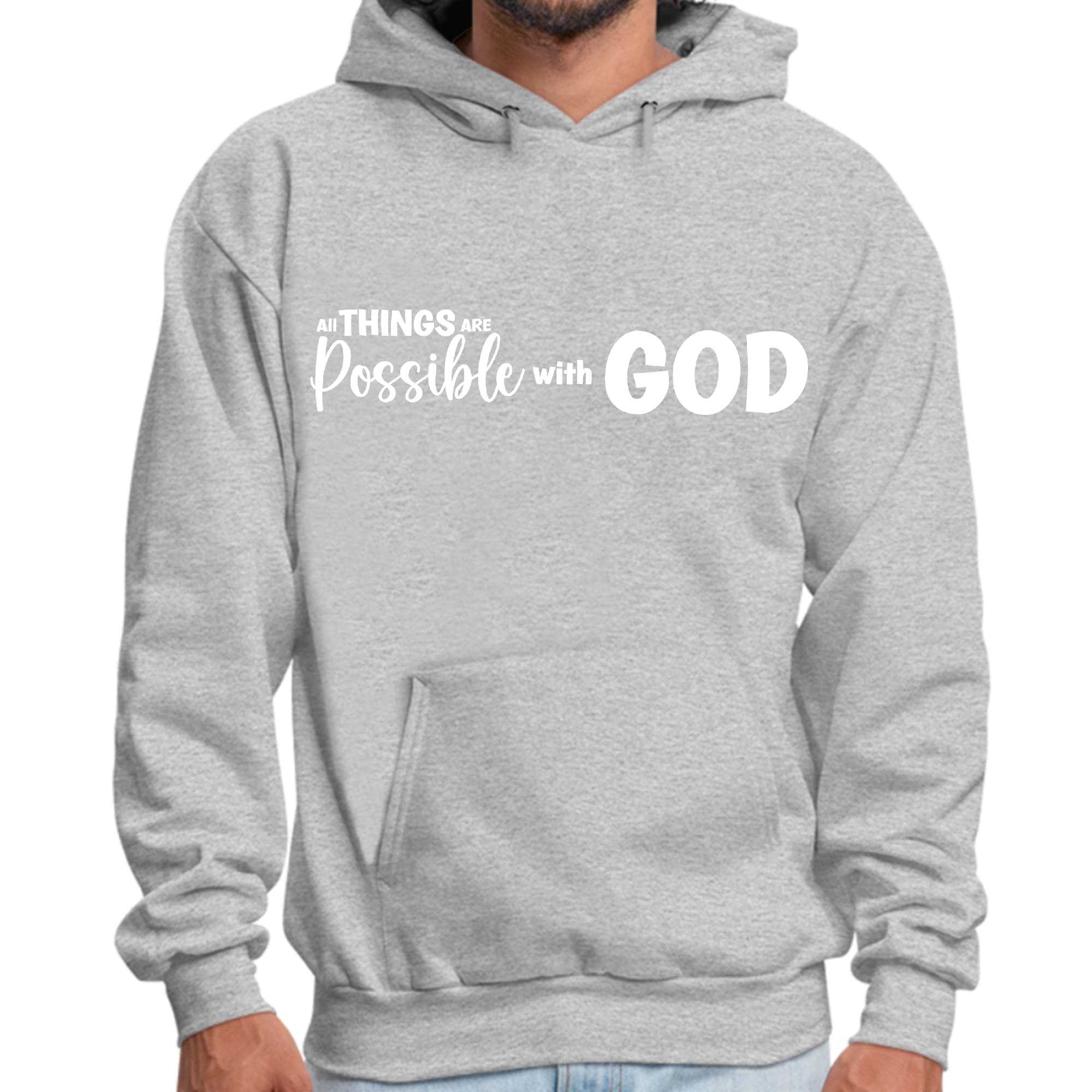 Men's Graphic Hoodie featuring 'All Things Are Possible with God' design, showcasing a comfortable fit and soft fabric.