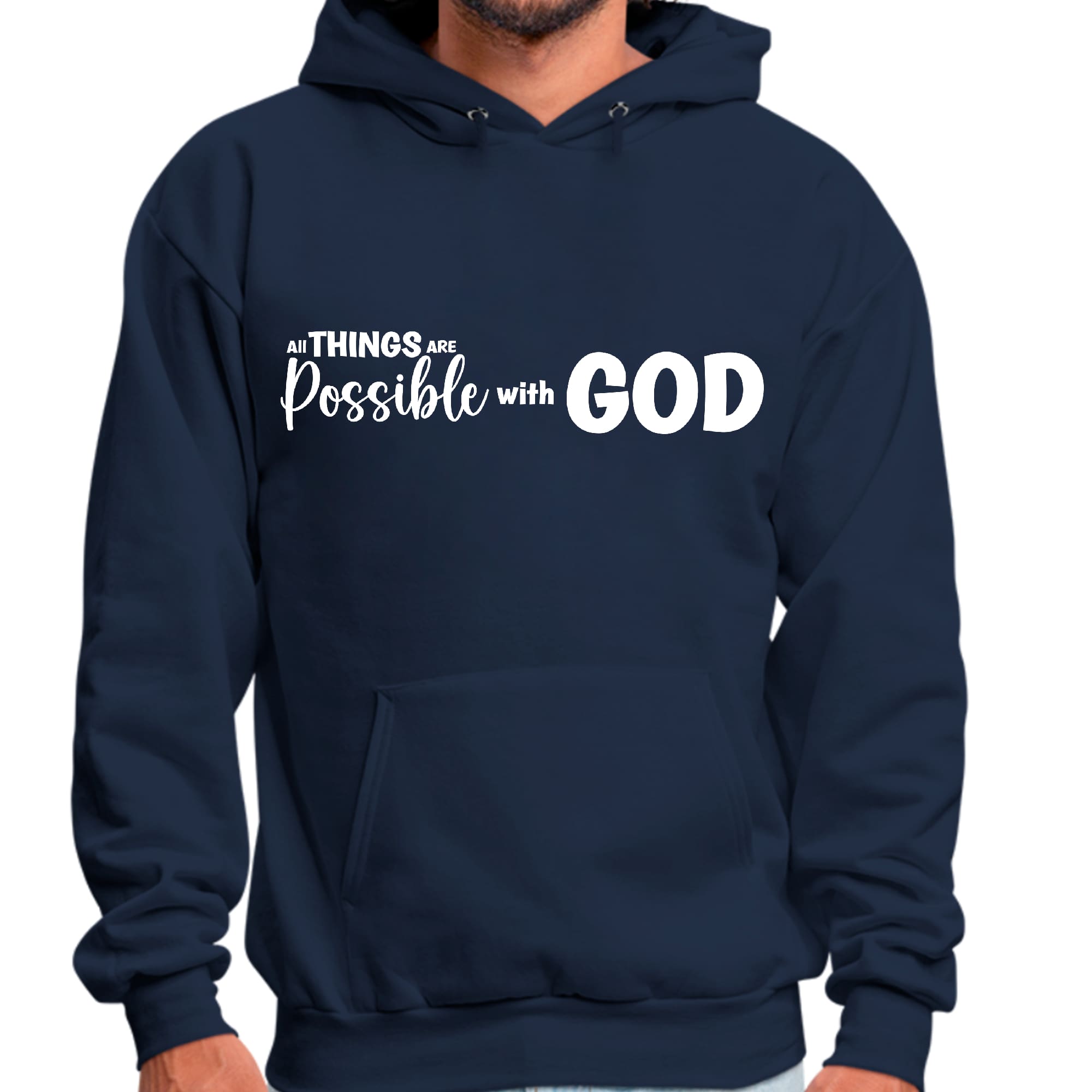 Men's Graphic Hoodie featuring 'All Things Are Possible with God' design, showcasing a comfortable fit and soft fabric.
