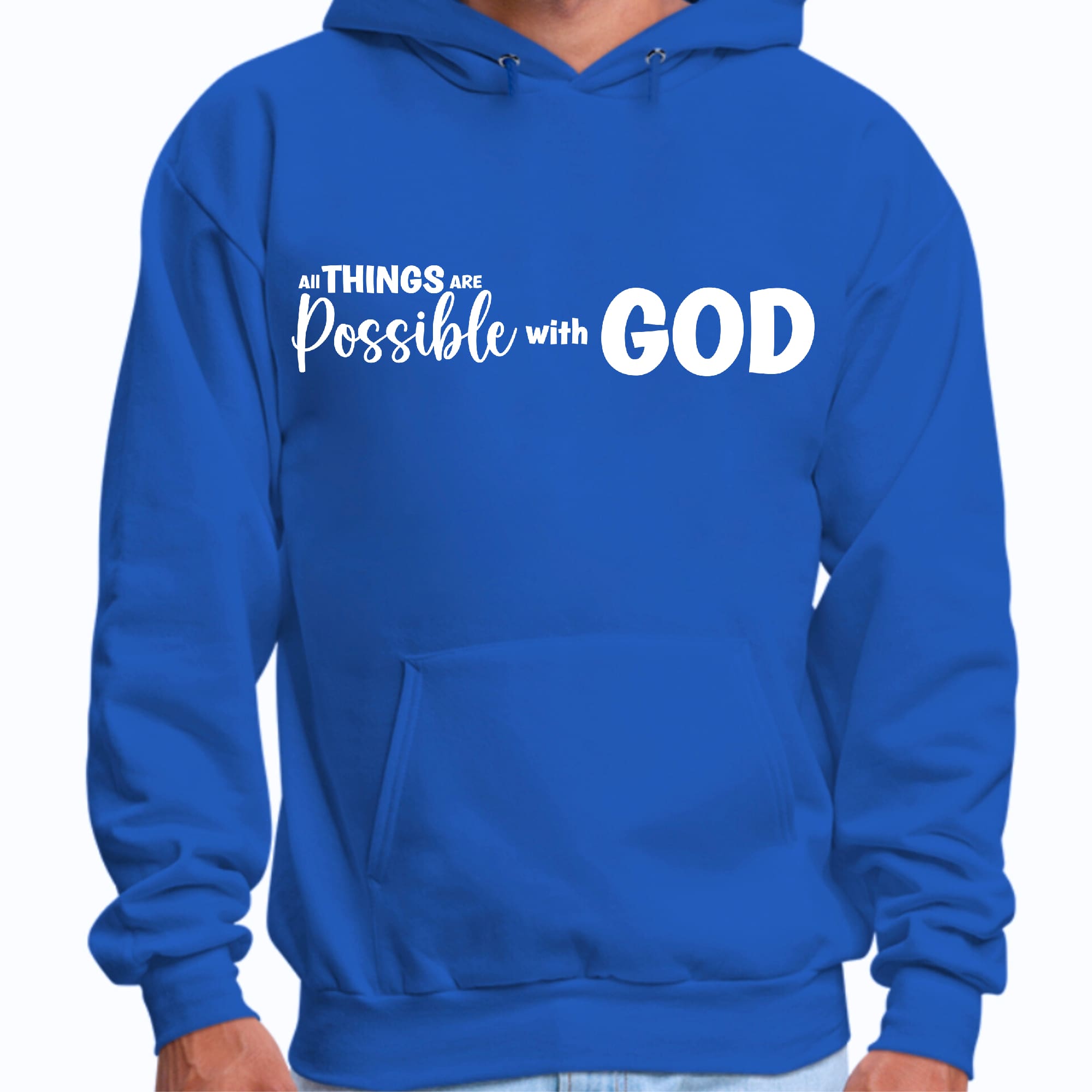 Men's Graphic Hoodie featuring 'All Things Are Possible with God' design, showcasing a comfortable fit and soft fabric.