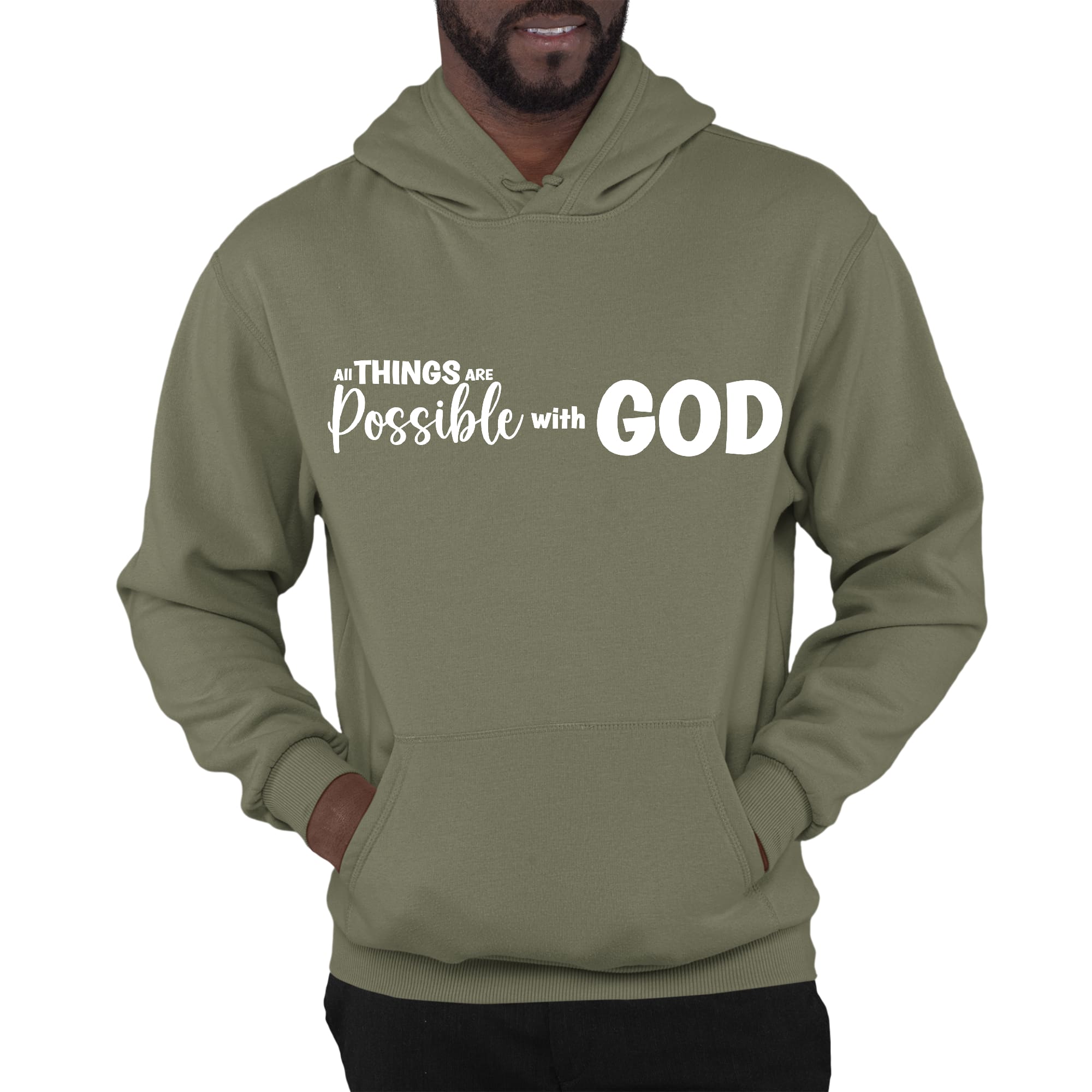Men's Graphic Hoodie featuring 'All Things Are Possible with God' design, showcasing a comfortable fit and soft fabric.