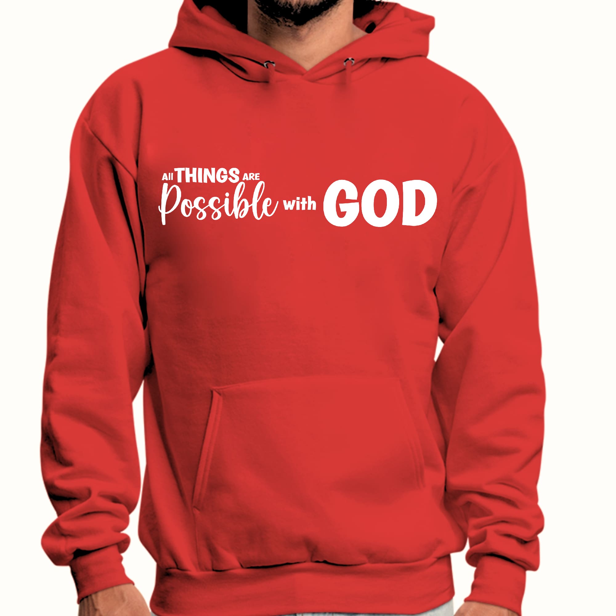 Men's Graphic Hoodie featuring 'All Things Are Possible with God' design, showcasing a comfortable fit and soft fabric.