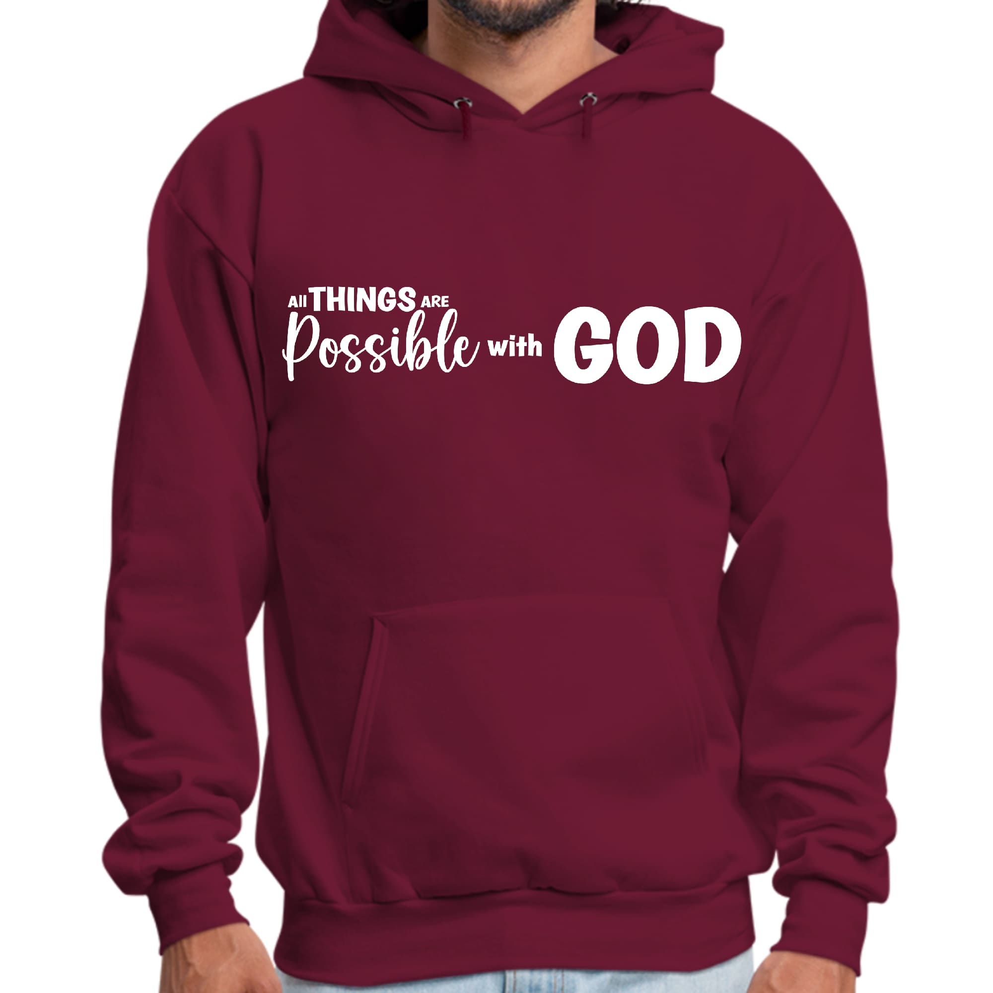 Men's Graphic Hoodie featuring 'All Things Are Possible with God' design, showcasing a comfortable fit and soft fabric.
