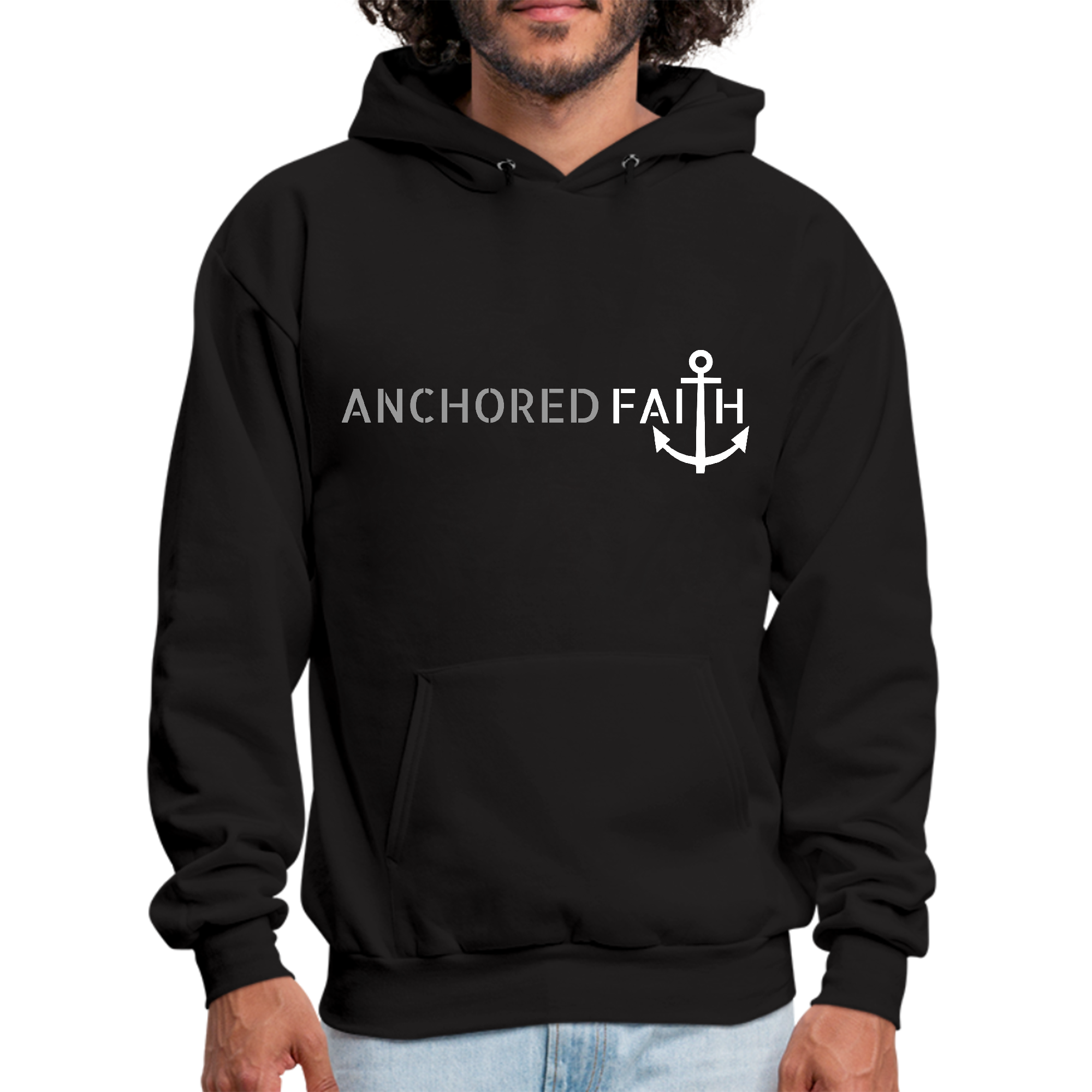 Mens Graphic Hoodie in grey and white featuring the phrase 'Anchored Faith' with a drawstring neckline and long sleeves.