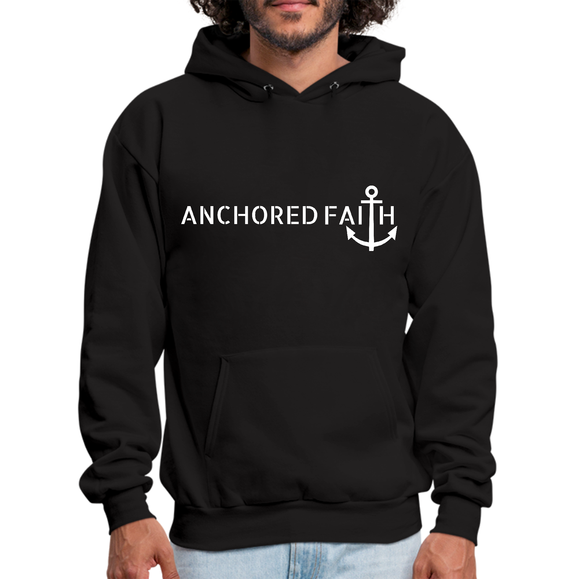 Mens Graphic Hoodie featuring Anchored Faith Print, showcasing a comfortable design with drawstring neckline and long sleeves.