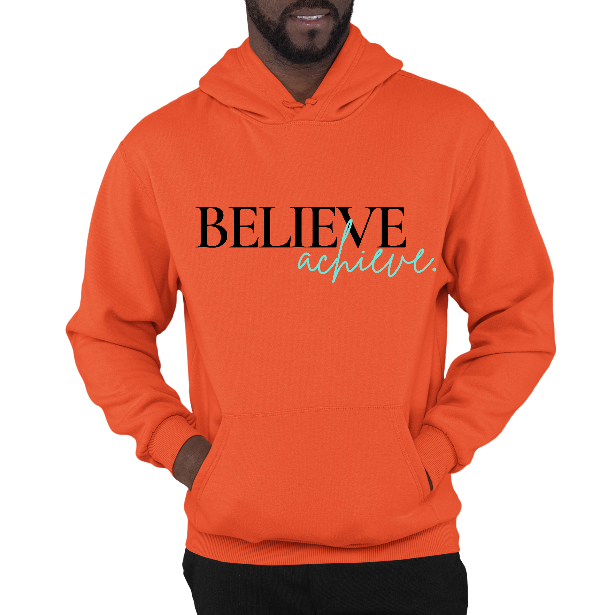 Men's black graphic hoodie featuring 'Believe and Achieve' motivational design, showcasing a drawstring neckline and long sleeves.